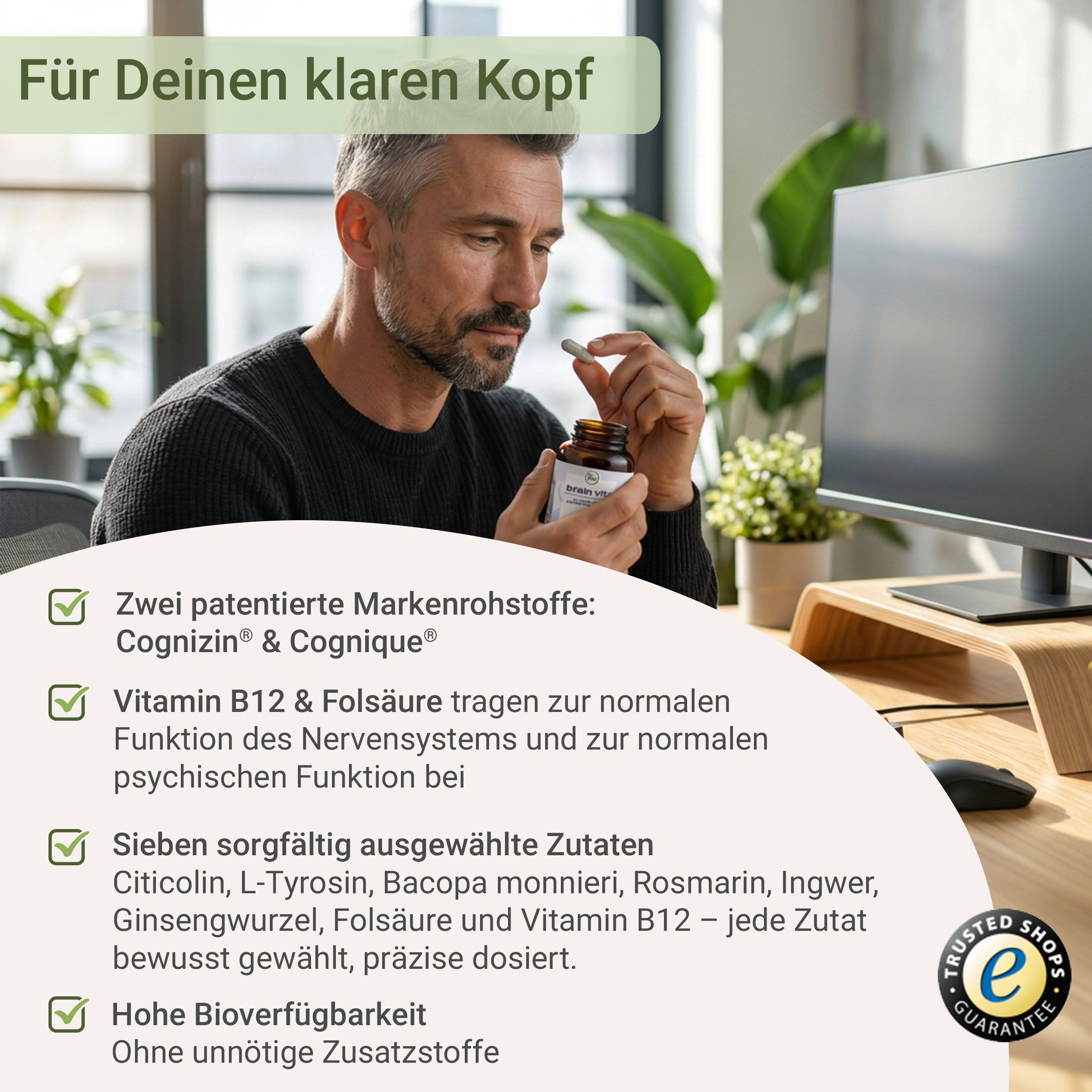 Mann hält eine Brain Vital Kapsel, Liste der Inhaltsstoffe.