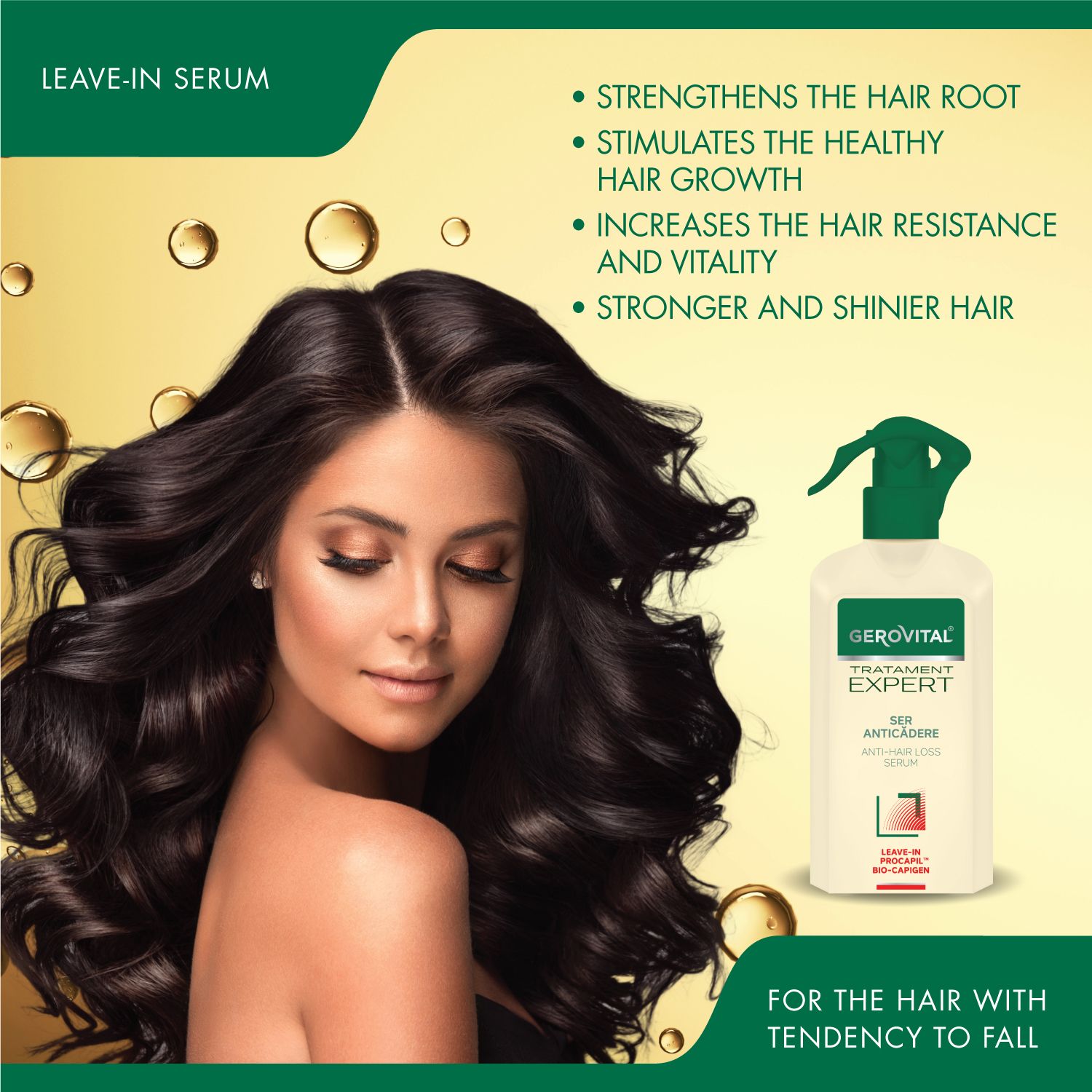 Frau mit langen, dunklen Haaren und einer Flasche Gerovital Tratament Expert, Ser Anticadere, Anti-Haarausfall Serum.