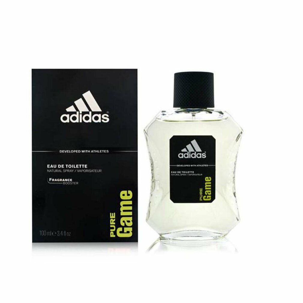 Adidas Pure Game Eau de Toilette Spray. Flakon und Verpackung mit Logo und Schriftzug. Schwarze Verpackung.