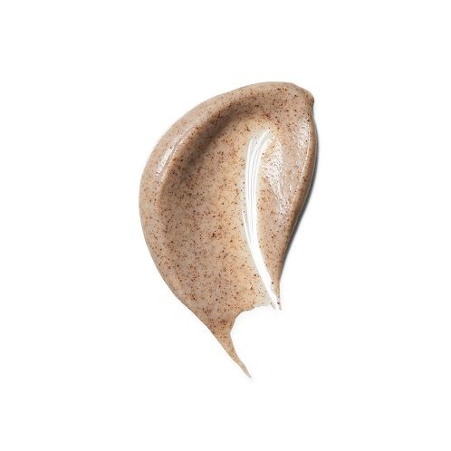 Creme-Textur, hellbraun, auf weißem Hintergrund. Enthält kleine Partikel. Form eines geschwungenen Tropfens.