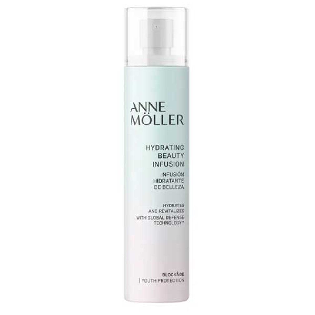 Flasche mit Sprühkopf. Aufschrift: Anne Möller, Hydrating Beauty Infusion. Farbverlauf von Weiß zu Mintgrün.