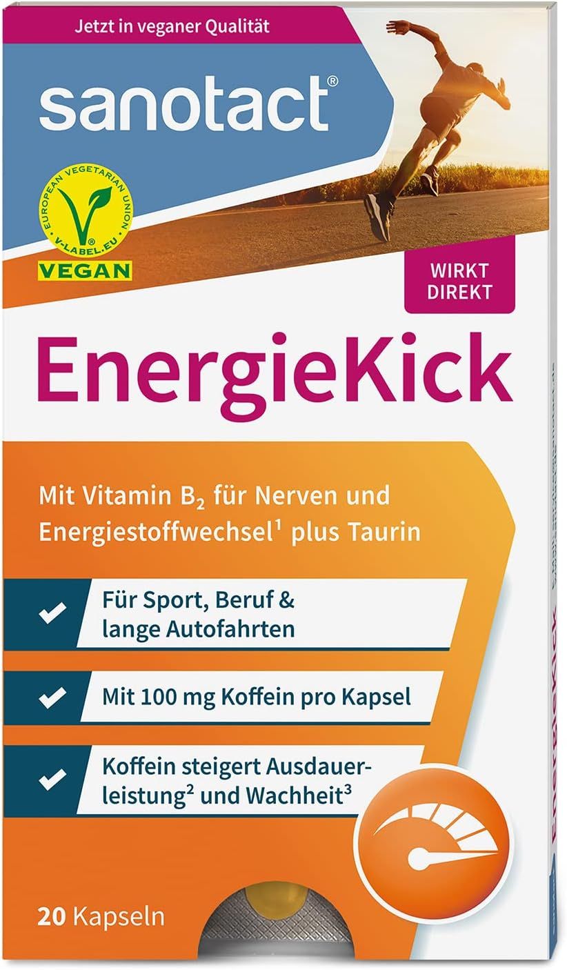 sanotact EnergieKick Kapseln Packung. Enthält 20 Kapseln. Vegan. Mit Vitamin B2 und Taurin. Für Sport, Beruf & lange Autofahrten.