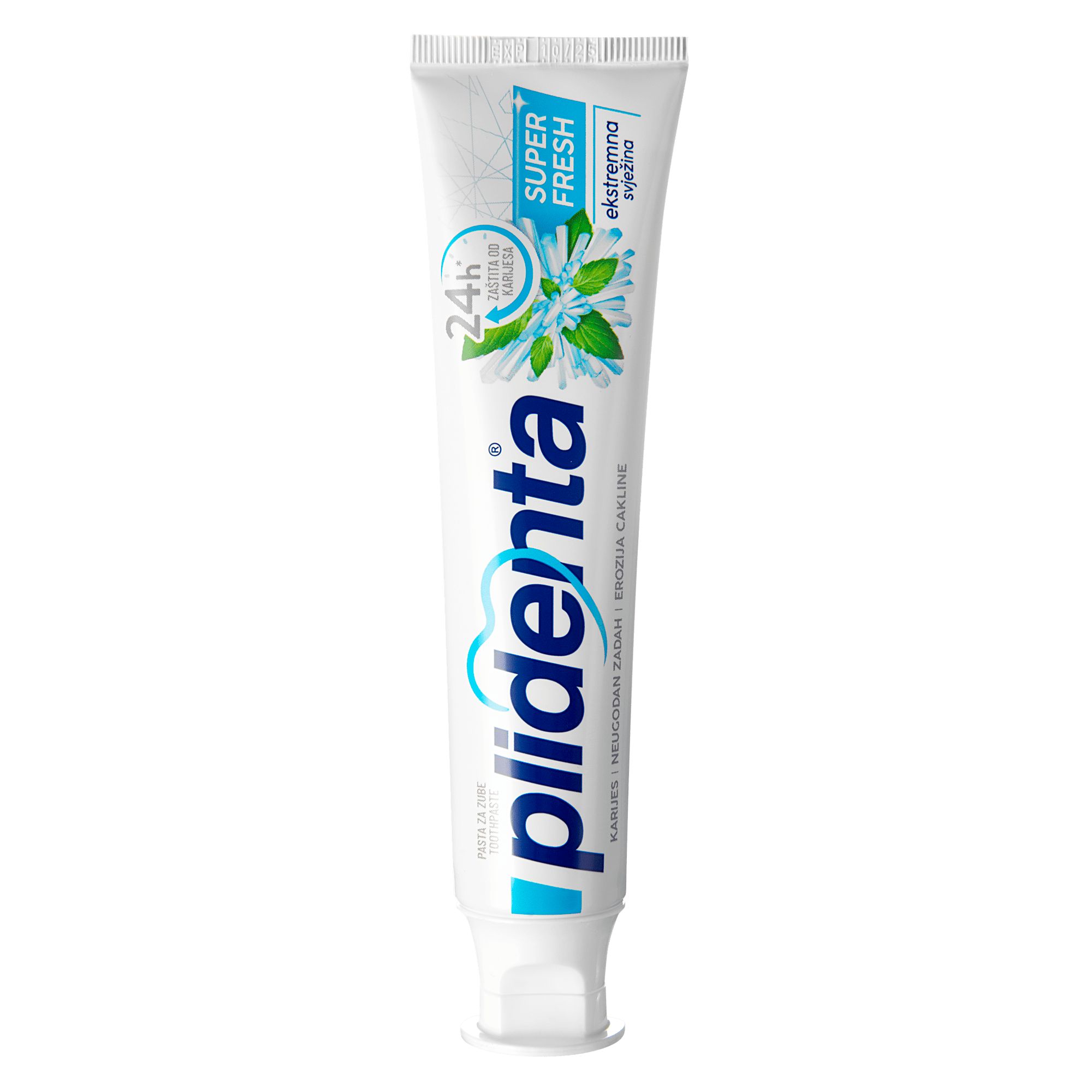 Zahnpasta-Tube mit Produktnamen und Logo. Aufschrift: Super Fresh, 24h Schutz. Blaue und weiße Farbgebung.