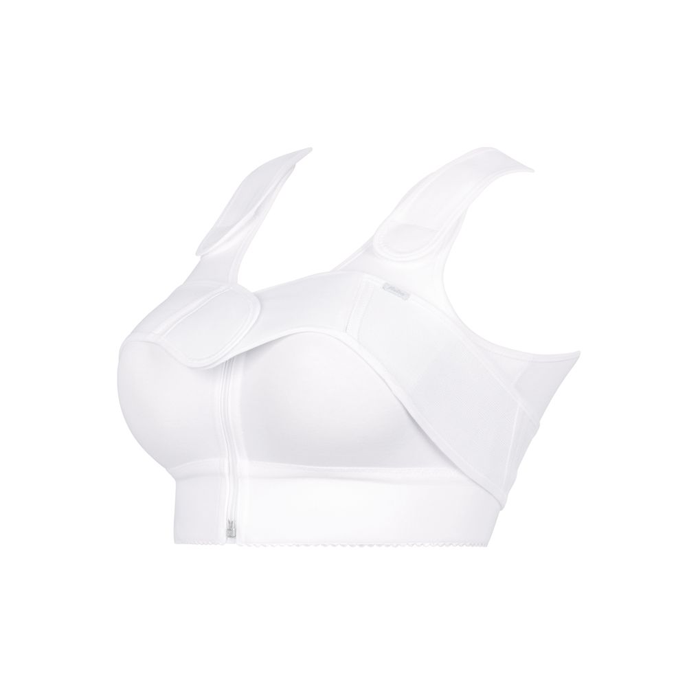 Weißer Kompressions-BH mit Reißverschluss vorne und verstellbaren Trägern. Seitliche Flügel und Klettverschlüsse.