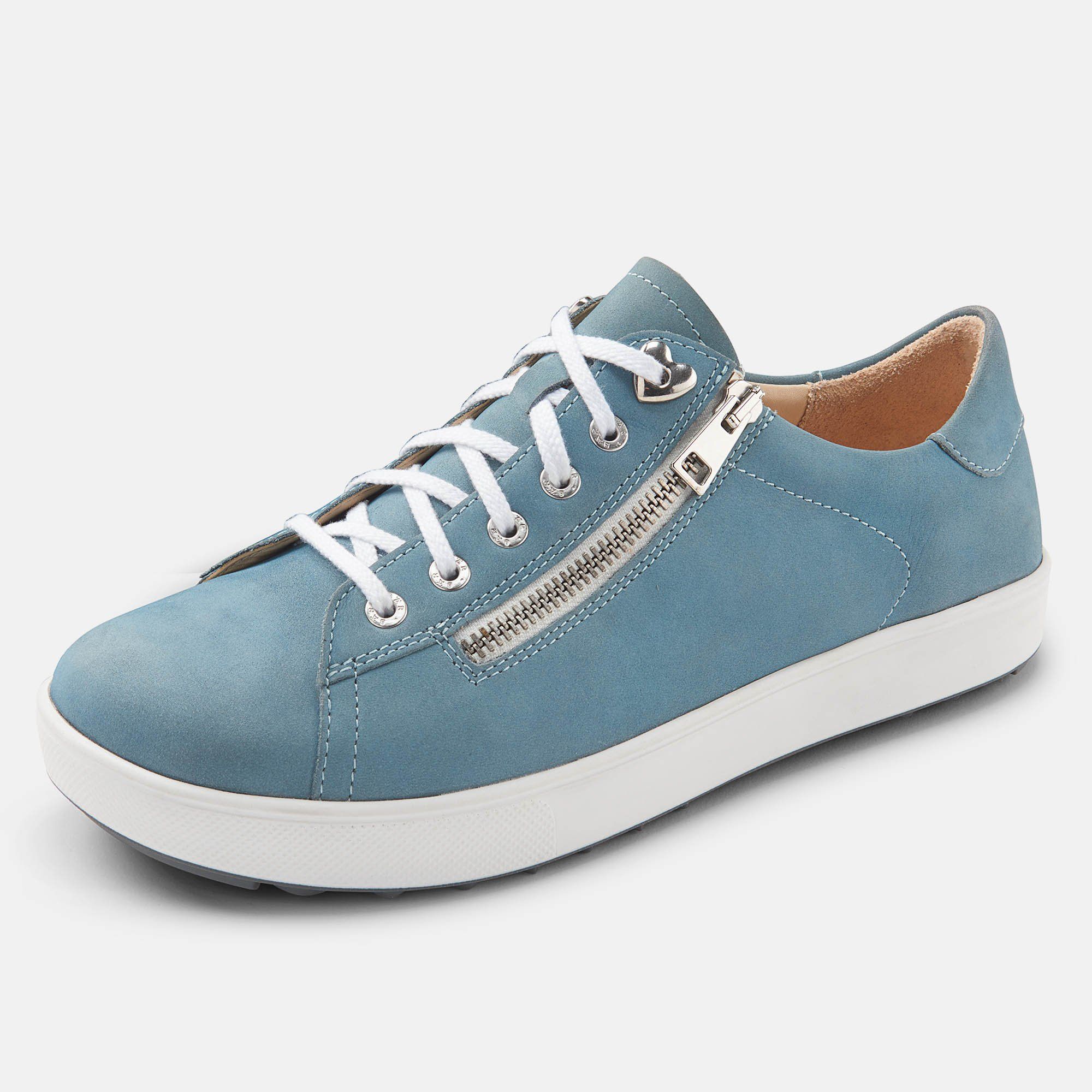 Hellblauer Schnürschuh mit weißer Sohle und Reißverschluss. Weiße Schnürsenkel. Metallösen. Schuh von der Seite.