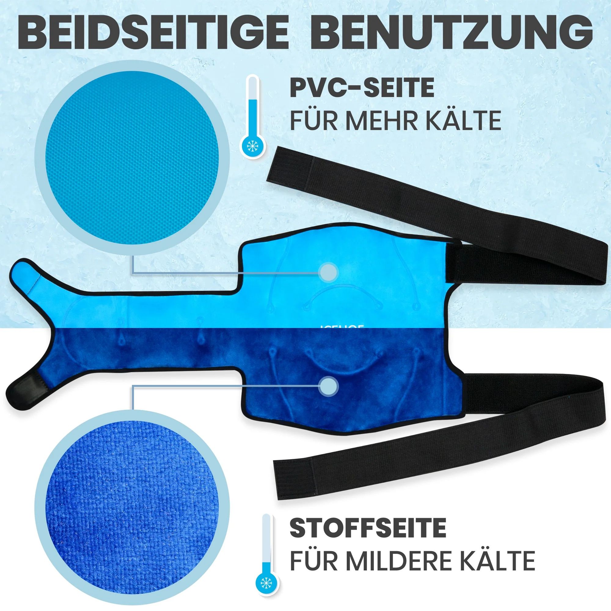 Aufgeklappte Knie-Kühlmanschette mit Hinweisen zu Stoff- und PVC-Seite.