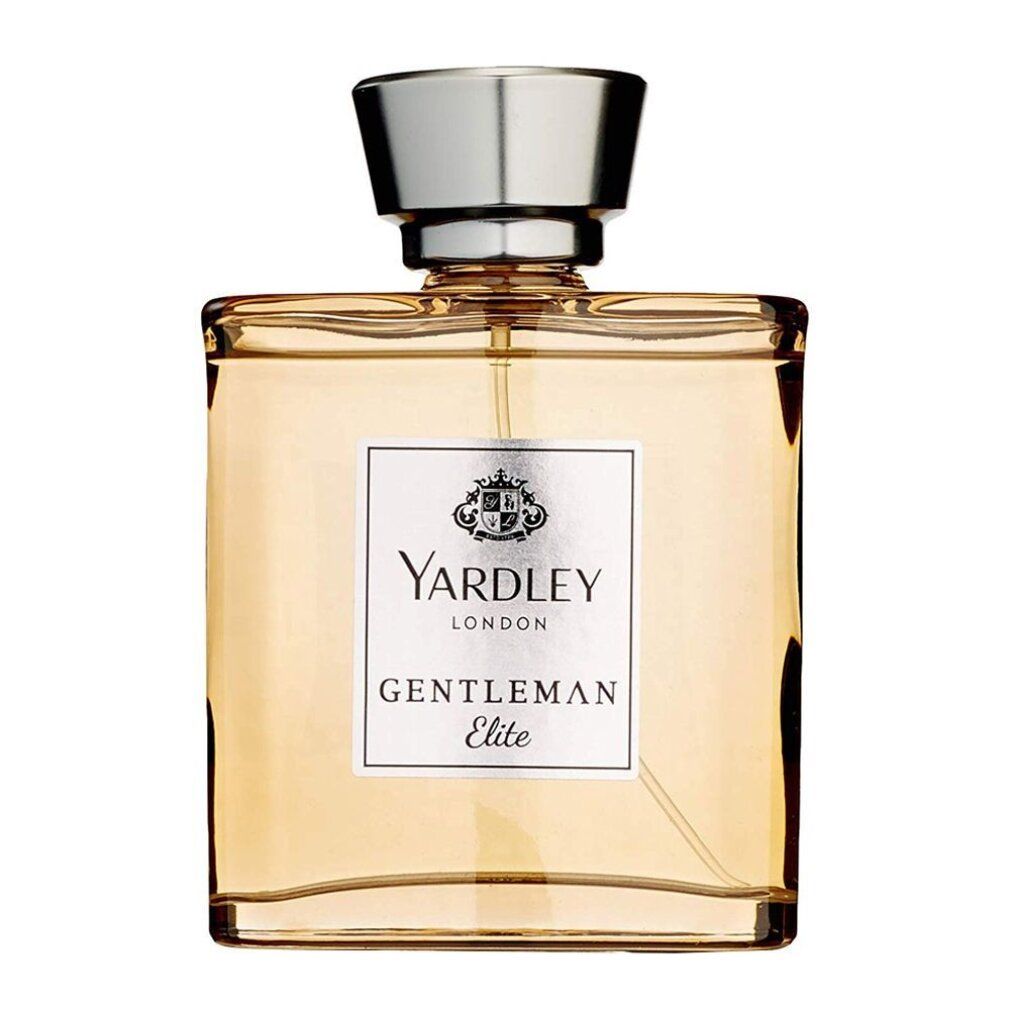 Rechteckiger Flakon mit silbernem Verschluss. Aufschrift: Yardley London, Gentleman Elite. Klarer Flakon mit goldener Flüssigkeit.