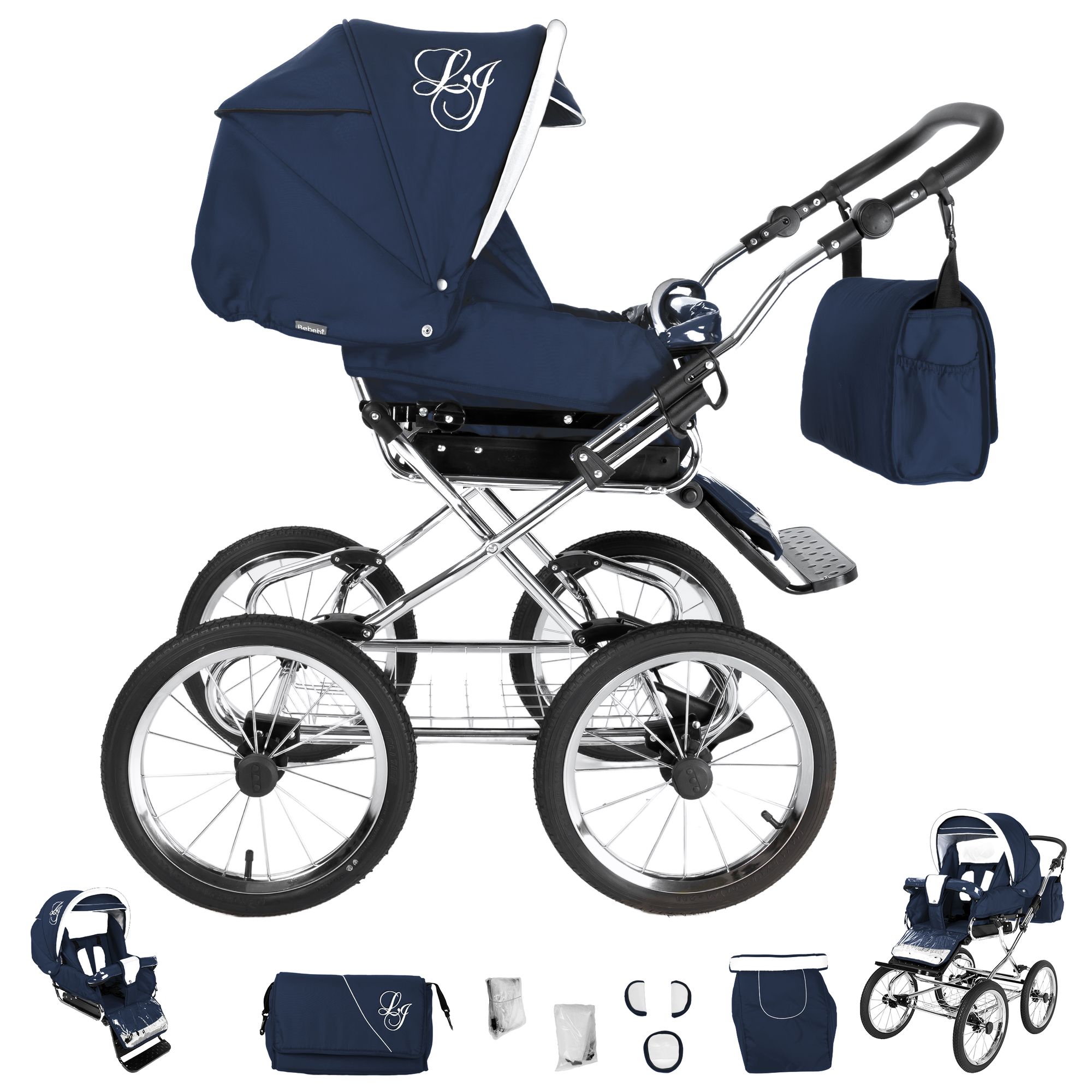 Bebebi Loving 4 in 1 Kinderwagen Komplettset ISOFIX Basis Nostalgie Kinderwagen, Blue Ardent