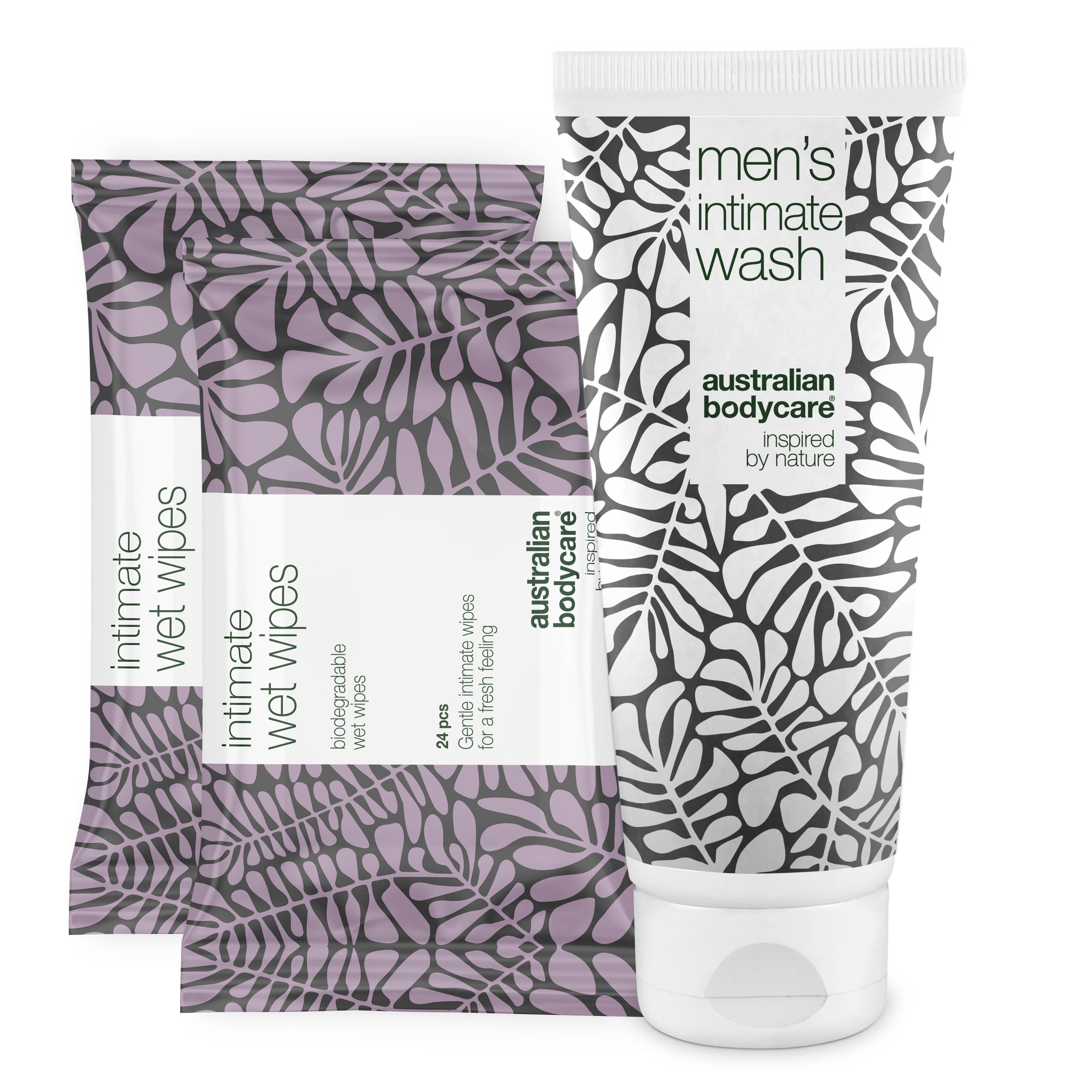 Intimwaschgel und Feuchttücher. Verpackung mit Blättermuster. Marke: Australian Bodycare.