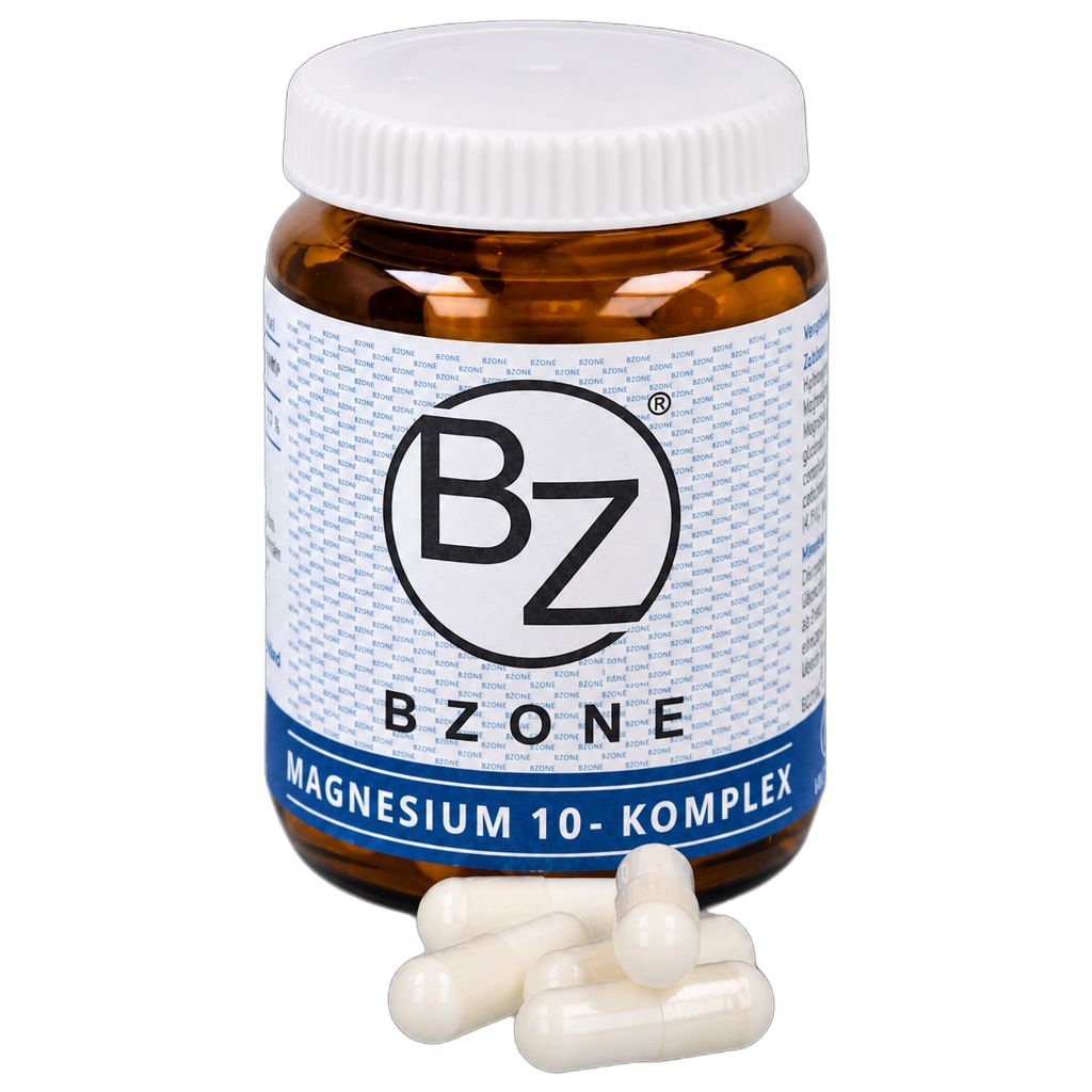 Etikett einer Nahrungsergänzung mit Magnesium. Enthält Nährwertangaben und Inhaltsstoffe. "BZ BZONE MAGNESIUM 10 - KOMPLEX".