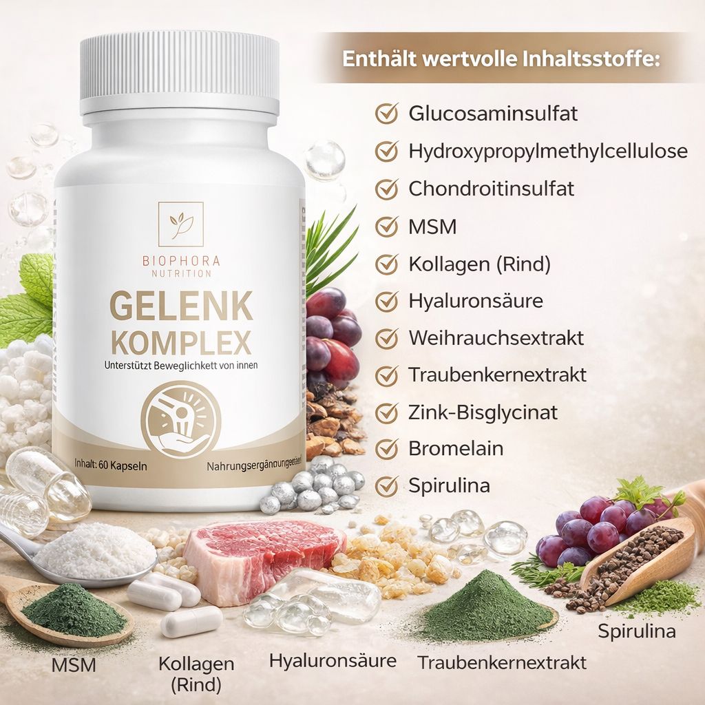 Weiße Flasche mit Aufschrift Gelenk Komplex. Daneben eine Liste mit Inhaltsstoffen wie Glucosaminsulfat und Hyaluronsäure.