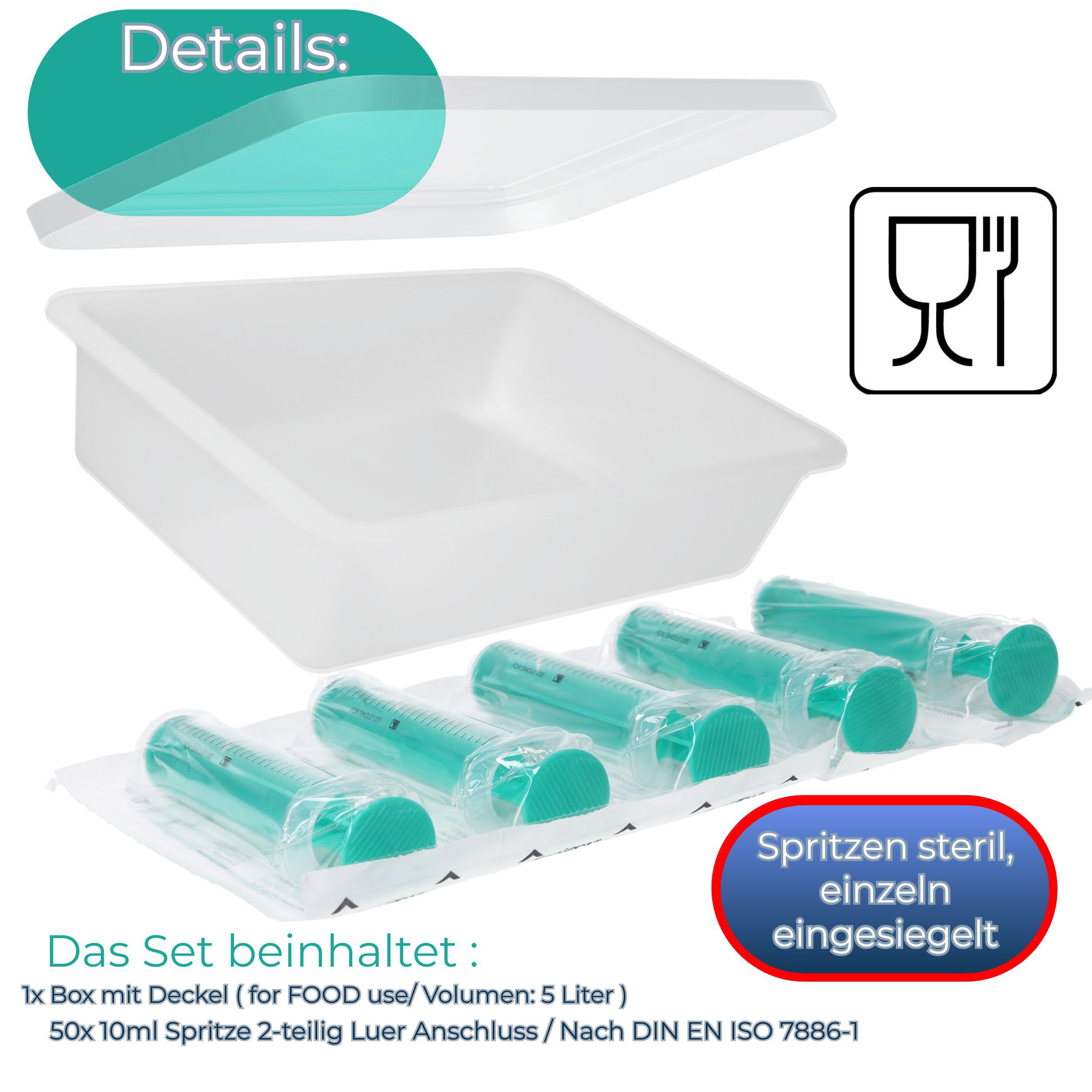 Box mit Deckel. Enthält einzeln verpackte, sterile Spritzen. Text: Spritzen steril, einzeln eingeschweißt. Lebensmittelgeeignet.