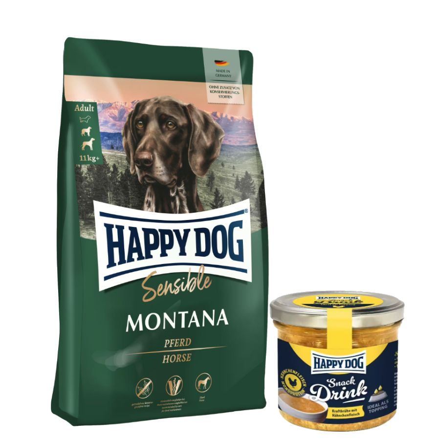 Happy Dog Supreme Montana + Happy Dog Snack Drink mit Hähnchenfleisch
