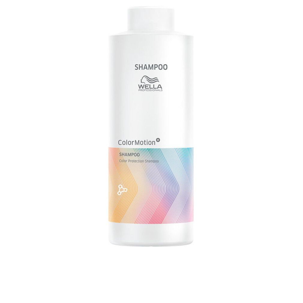 Weißes Shampoo-Flakon mit farbigem Etikett. Oben steht "SHAMPOO", darunter "WELLA". Unterhalb "ColorMotion+".