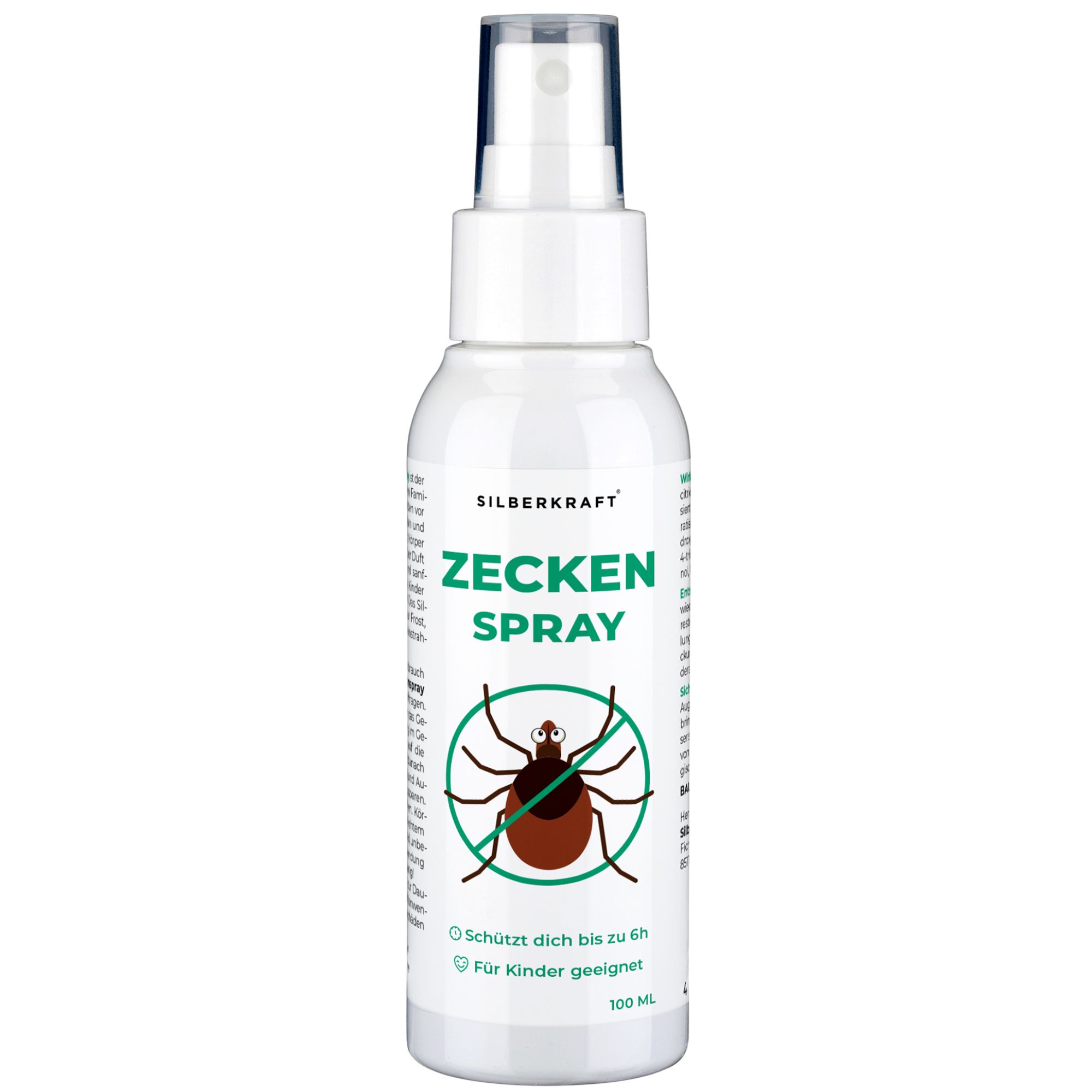 Flasche SILBERKRAFT Zeckenspray 100ml. Aufschrift: "Schützt dich bis zu 6h". Zecke im Kreis mit Verbotssymbol.