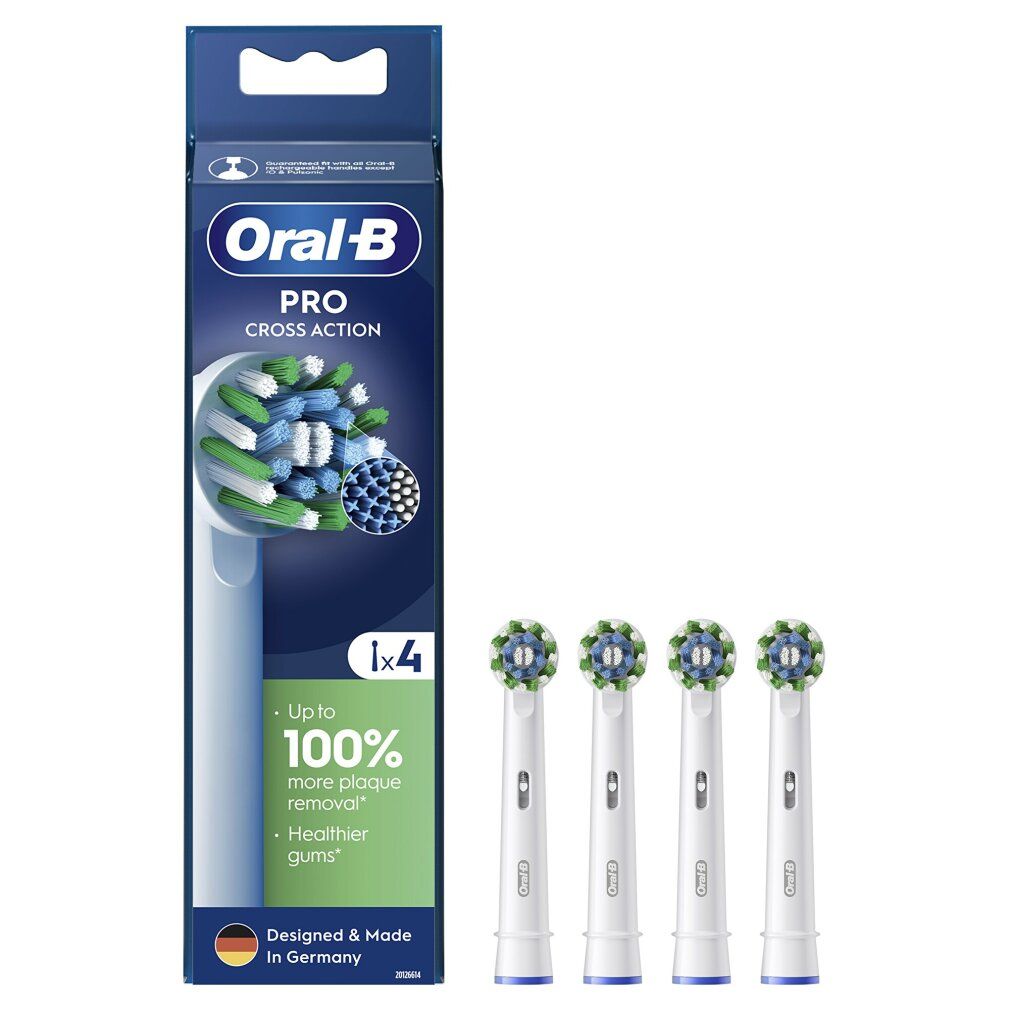 Zahnbürstenaufsätze, 4 Stück, in Verpackung. Marke Oral-B, Modell Cross Action. Blaue, grüne und weiße Borsten. "1x4" auf der Verpackung.