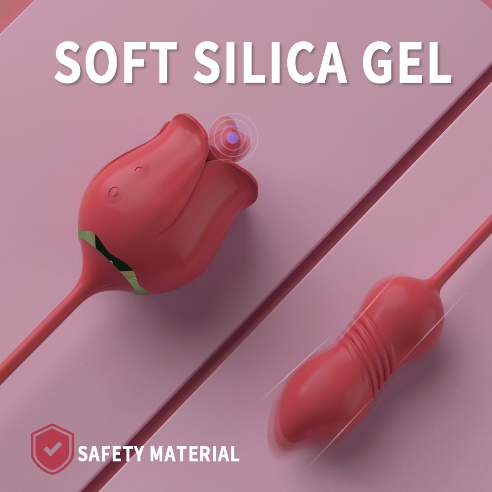Produkt mit Rosenkopf und geriffeltem Ende. Text: 'SOFT SILICA GEL' und 'SAFETY MATERIAL'.