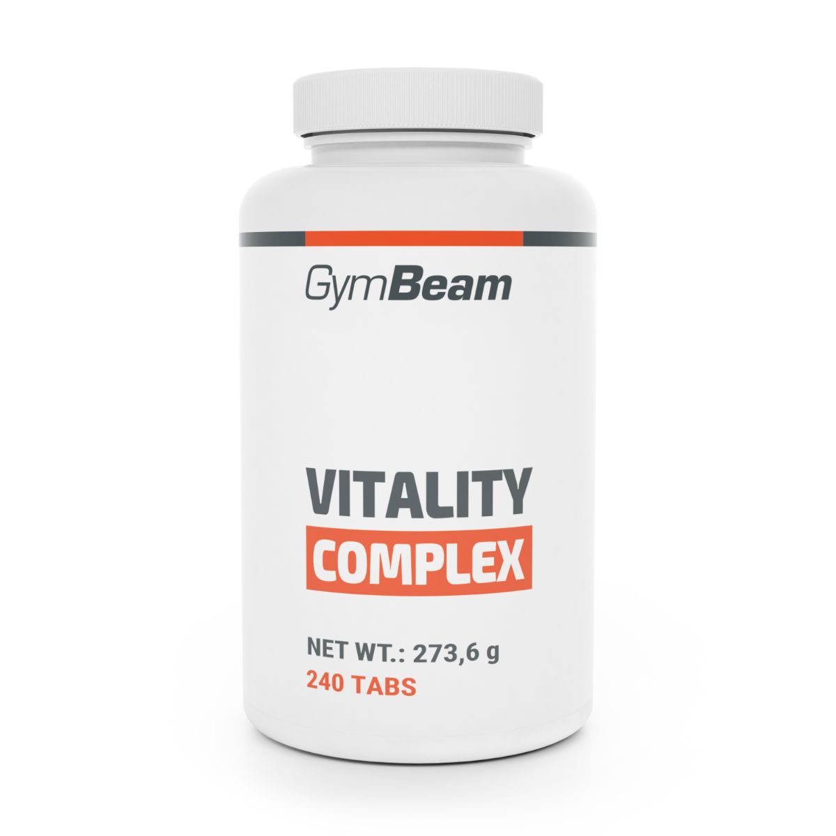 GymBeam Vitality Complex Multivitamin-Mineralstoff-Komplex Tabletten in weißem Behälter mit orangefarbenem Etikett.