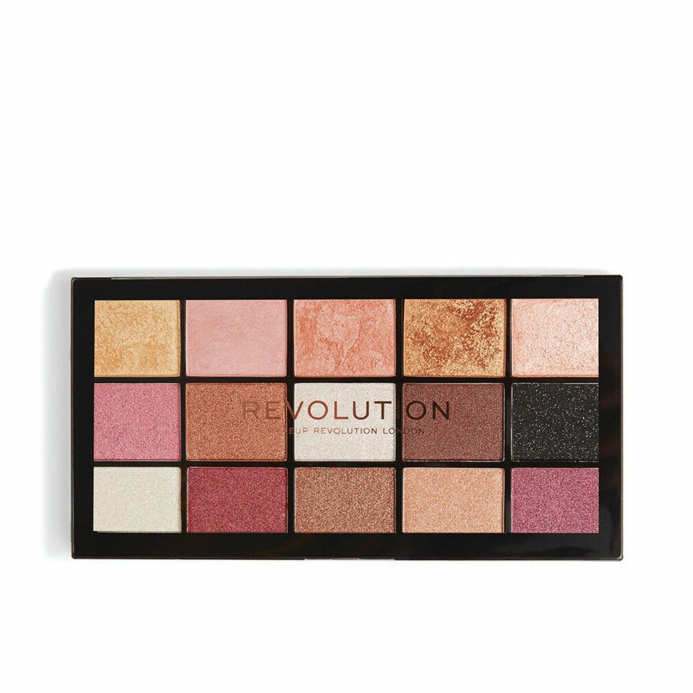 Lidschatten-Palette mit 15 Farbtönen. Schwarzer Rahmen, Markenlogo. Verschiedene Farben: Gold, Rosa, Braun.