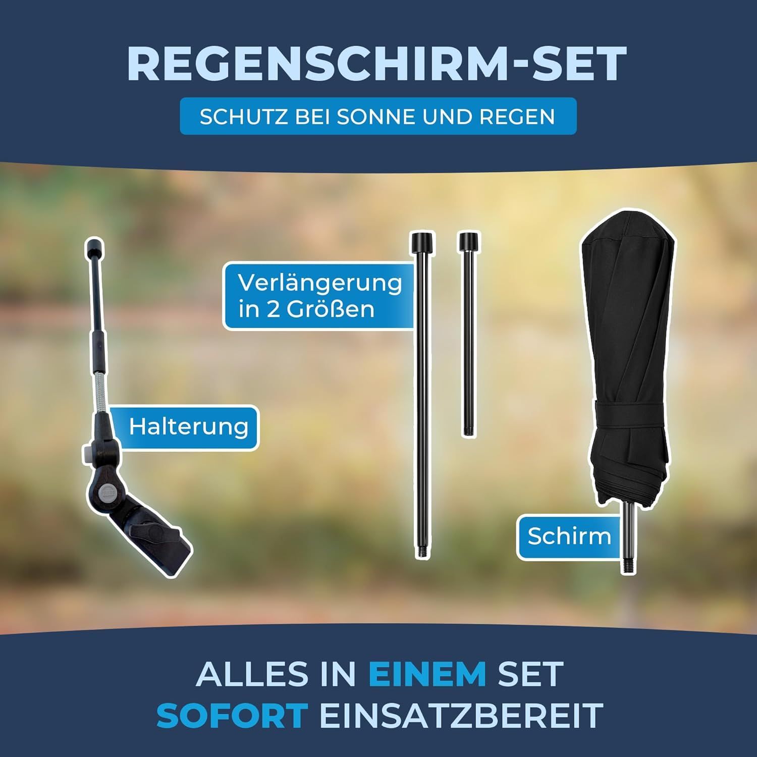 Regenschirm-Set mit Halterung, zwei Verlängerungen und Schirm im schwarzen Stoffbeutel.