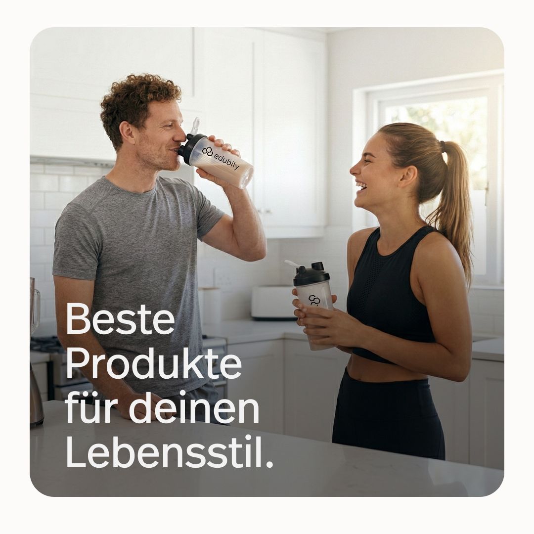 Mann und Frau trinken Proteinshake in Küche. Edubily Shaker. Beste Produkte für deinen Lebensstil.