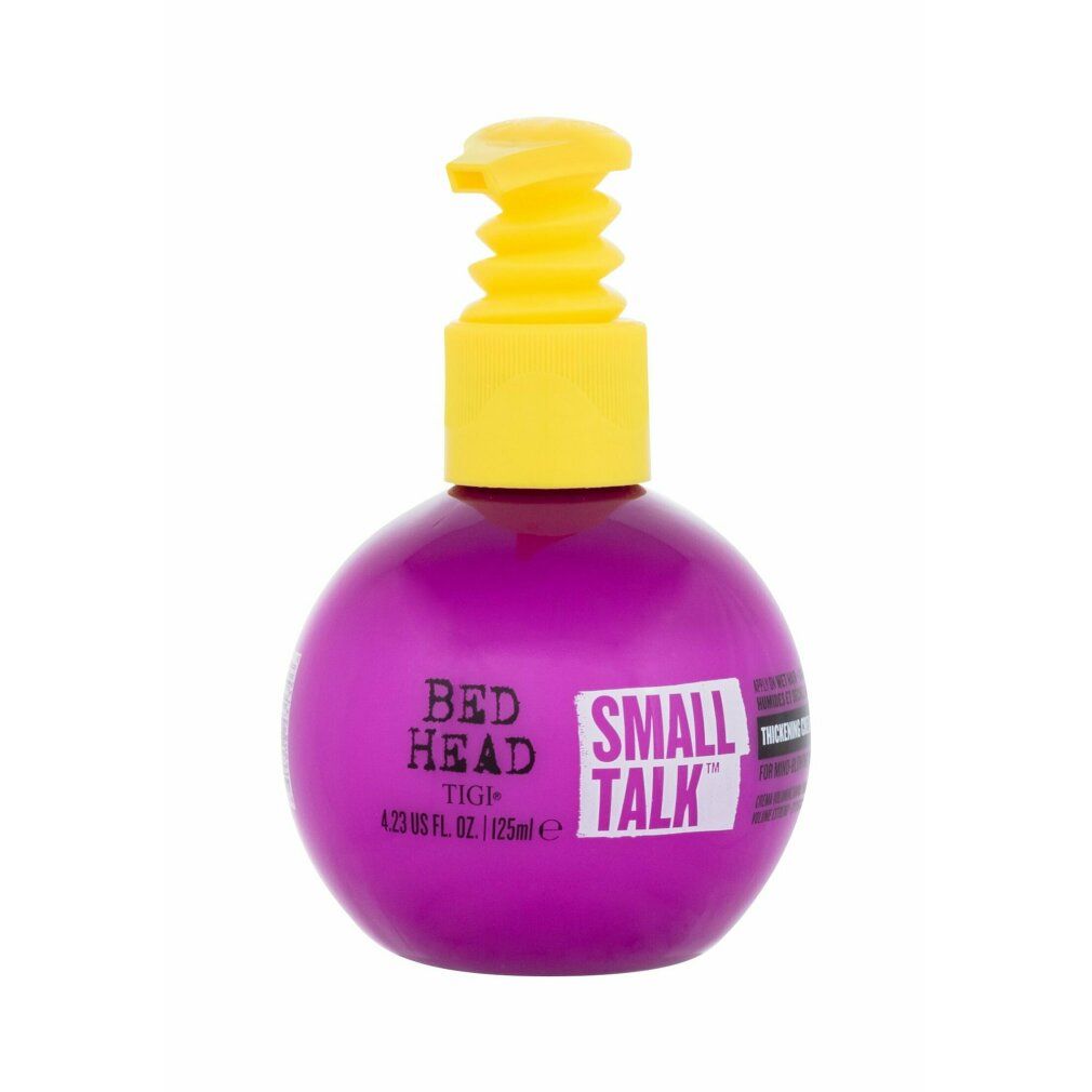 Runde, violette Flasche mit gelbem Pumpkopf. Aufschrift: BED HEAD TIGI SMALL TALK. Volumen: 4.23 US FL. OZ. / 125ml.