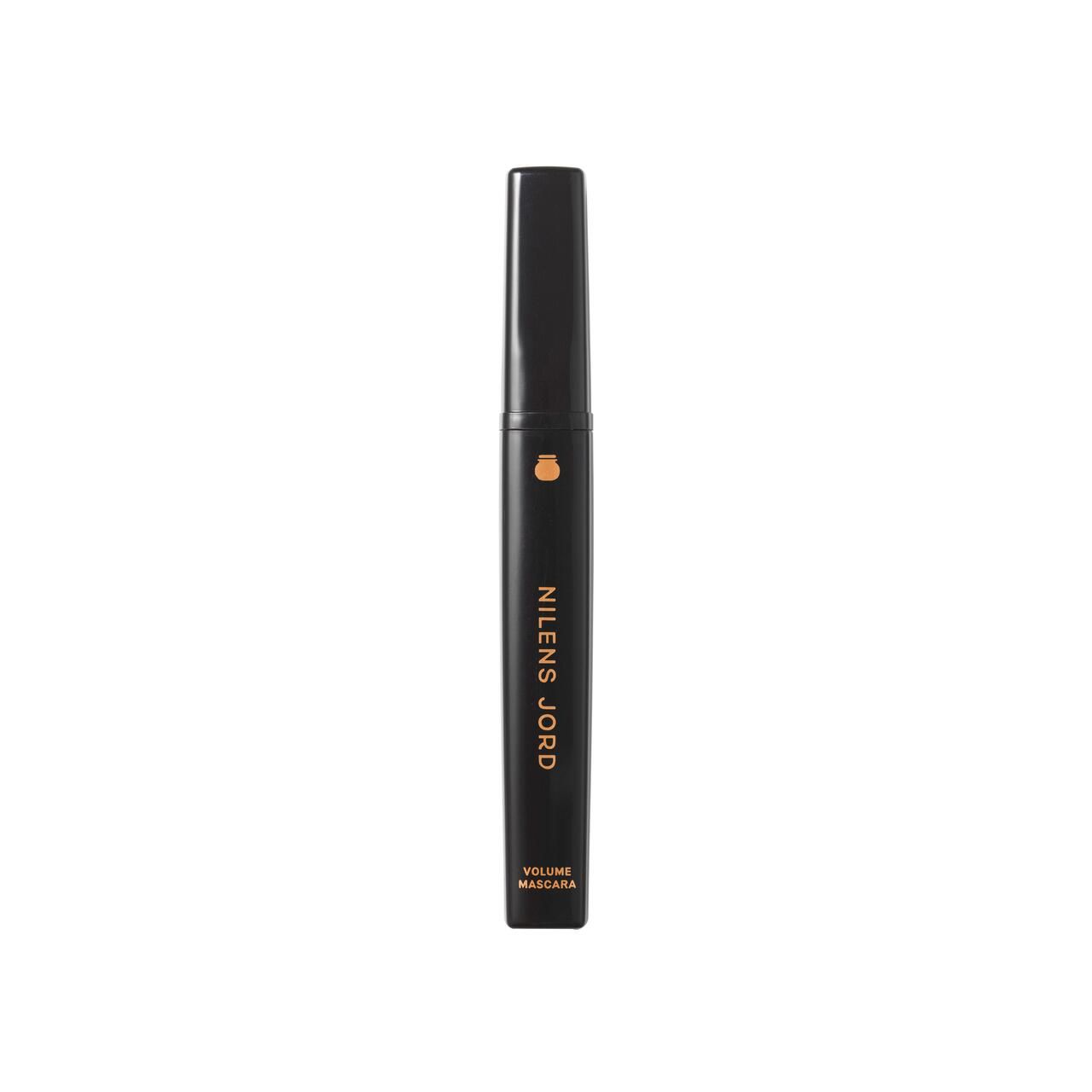 Schwarze Mascara-Tube mit goldfarbenem Schriftzug "NILENS JORD" und "VOLUME MASCARA".