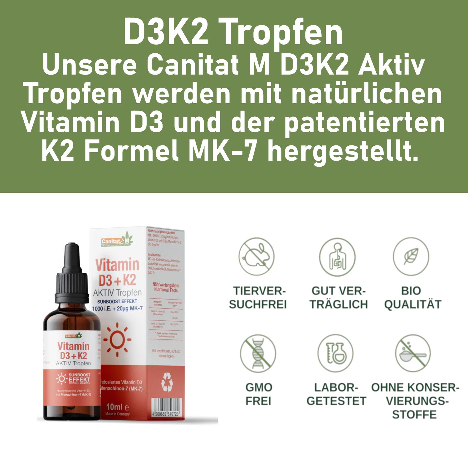Produktflasche und Verpackung. Aufschrift: Vitamin D3 + K2 Aktiv Tropfen. 1000 I.E. + 20µg MK-7. 10ml. Text: D3K2 Tropfen. Ohne Tierversuche, Bio Qualität.