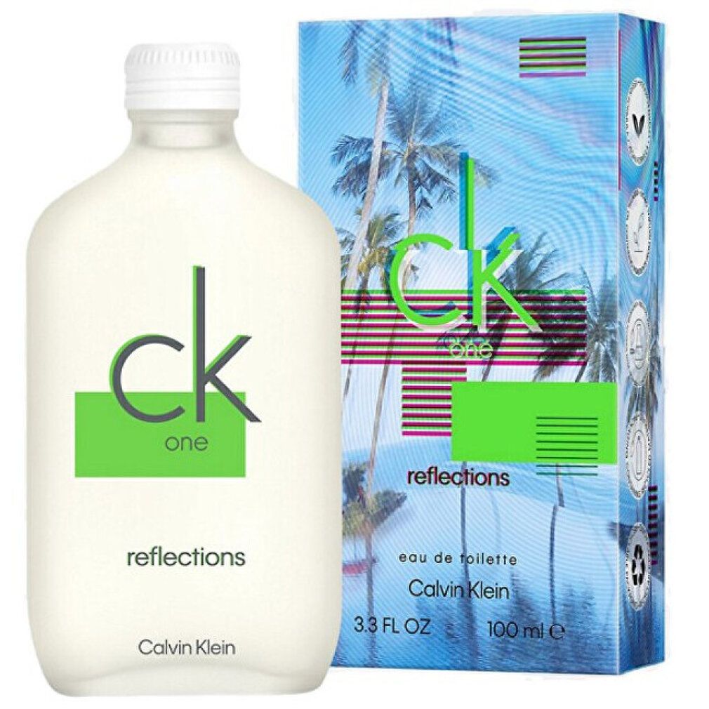 CK One Reflections Flakon und Verpackung. Flakon weiß, Logo grün. Verpackung blau mit Palmen. Text: Calvin Klein.