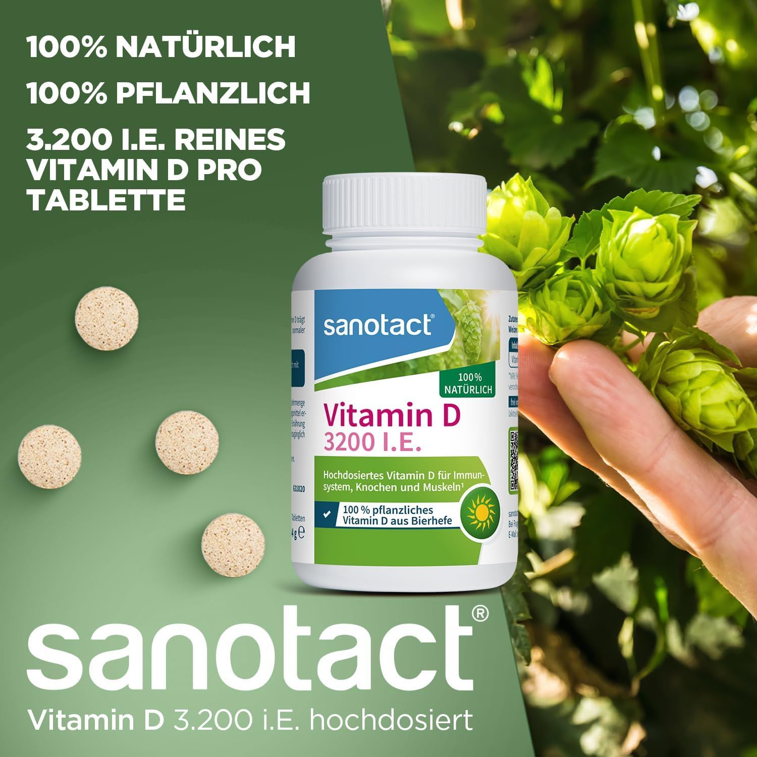 Weiße Tabletten und eine Flasche Vitamin D 3200 I.E. von sanotact. Aufschrift: 100% natürlich, 100% pflanzlich. Grün-weiße Verpackung.