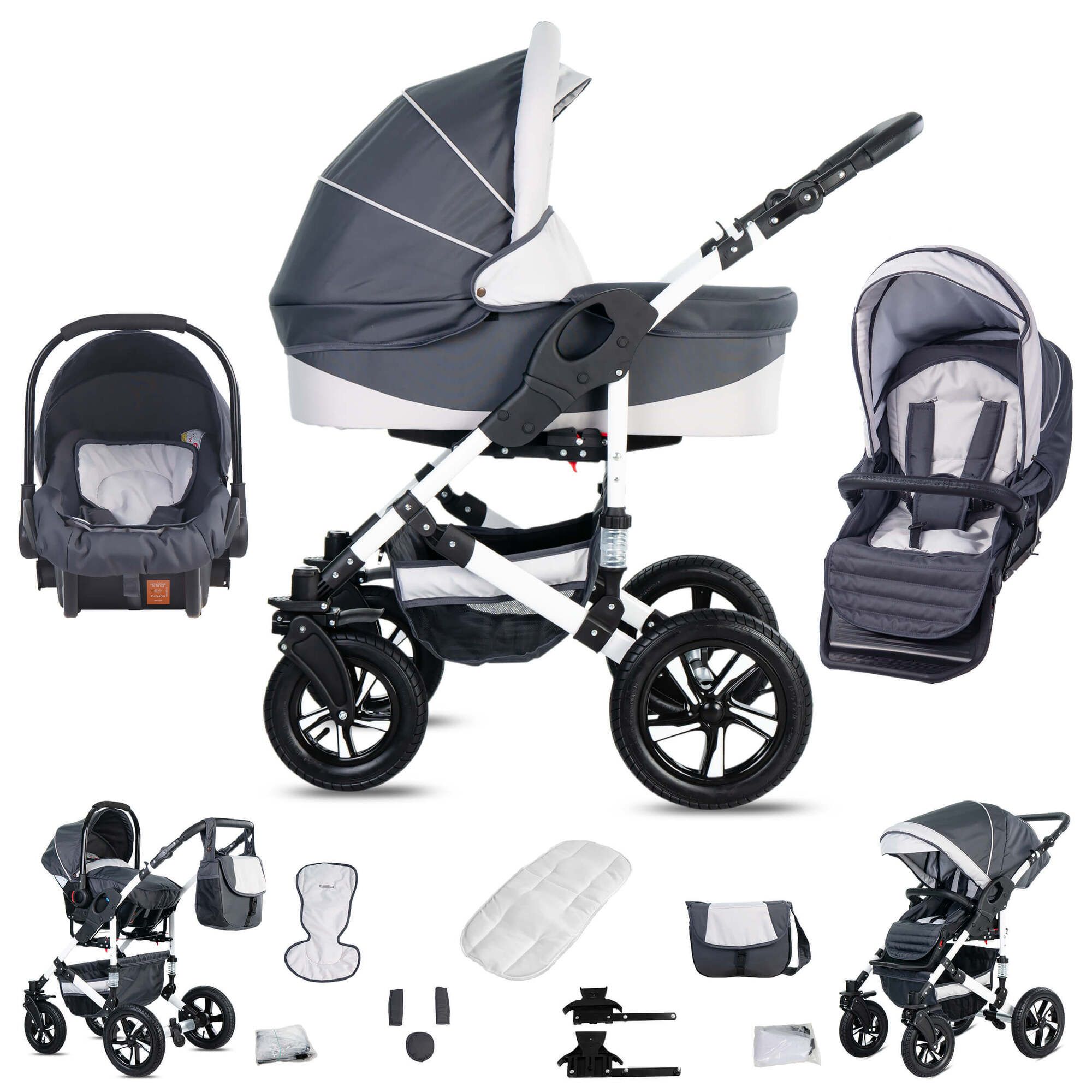 Friedrich Hugo Hamburg 3 in 1 Kinderwagen Komplettset Luftreifen, Grey & White