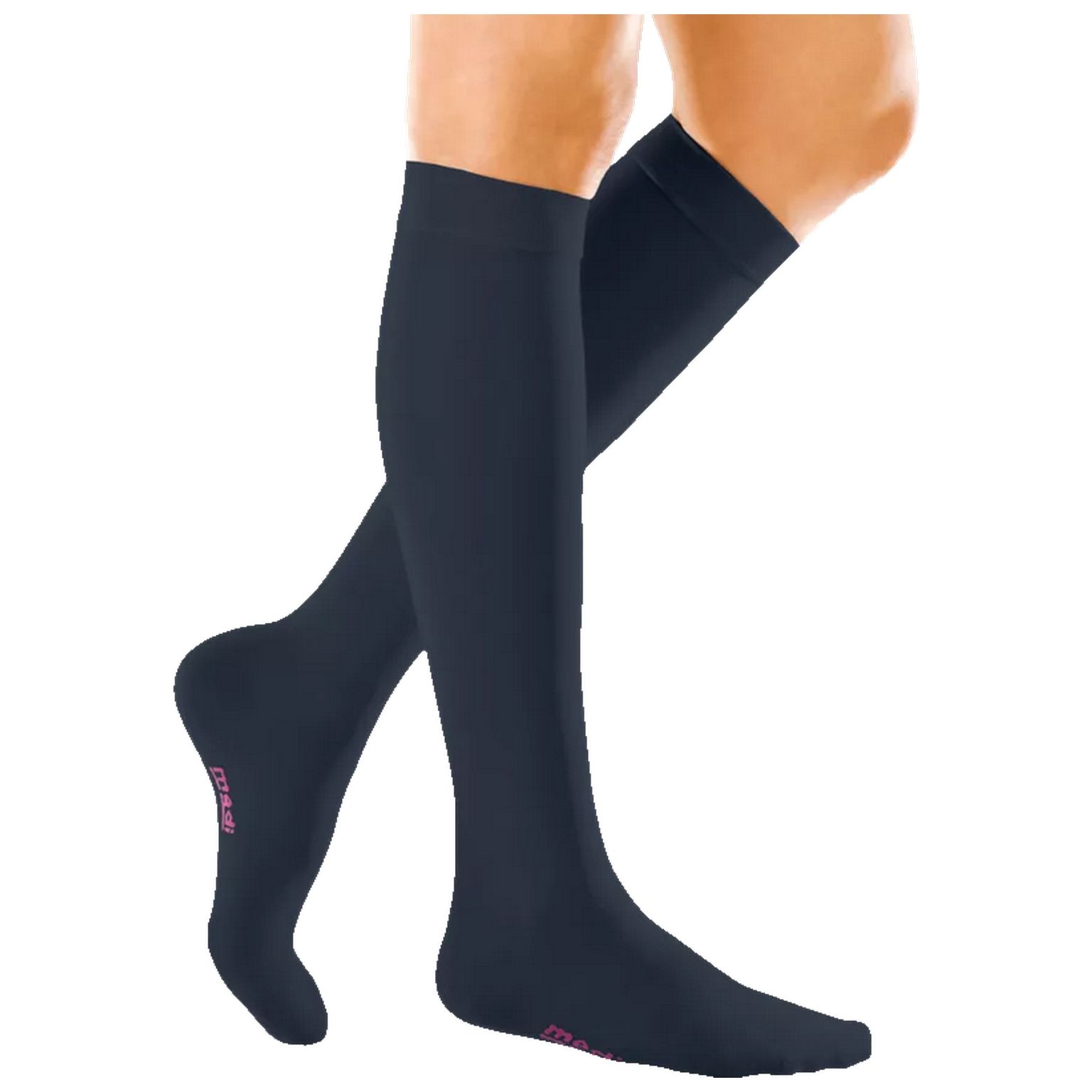 Kniestrümpfe, dunkelblau. Ferse und Zehenbereich mit Logo. Kompressionsstrümpfe.