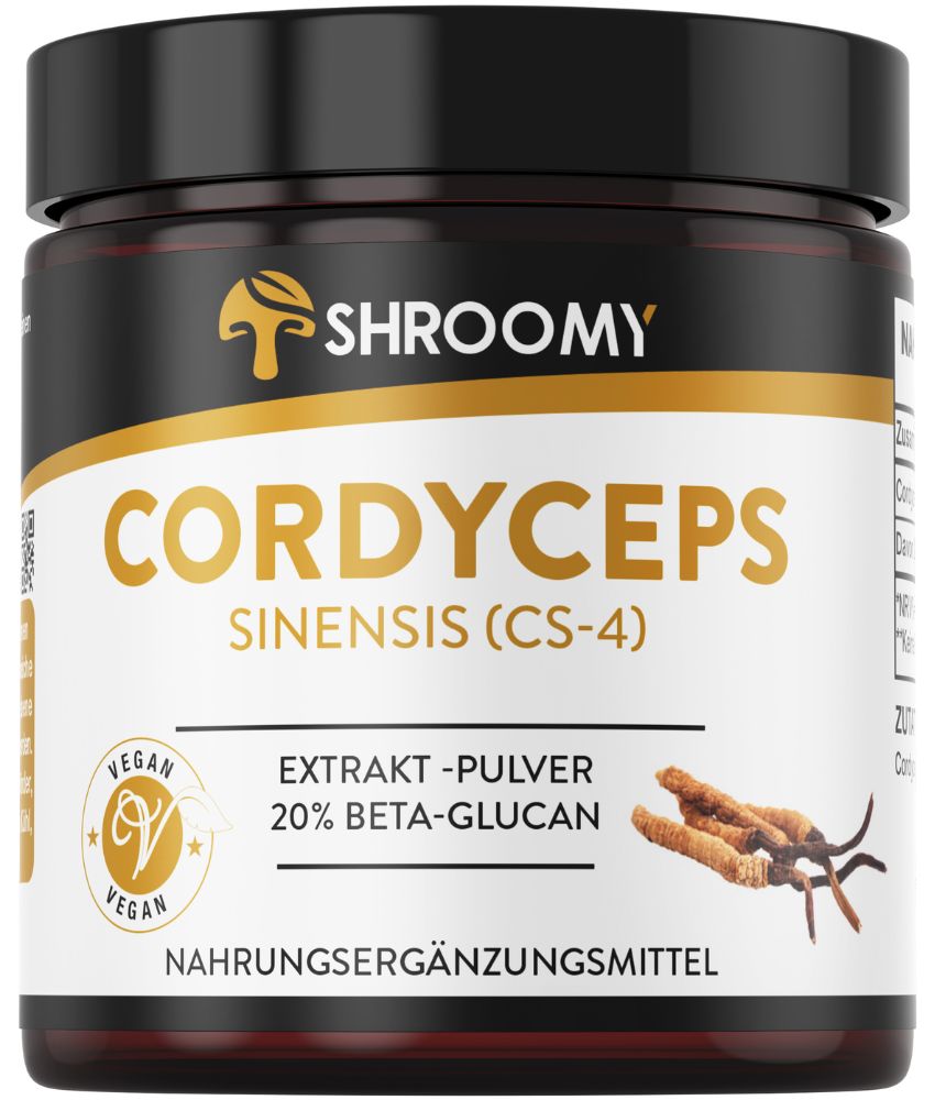 Braune Dose mit weißem Etikett. Aufschrift: SHROOMY Cordyceps Sinensis (CS-4) Extrakt-Pulver, 20% Beta-Glucan. Vegan-Siegel.