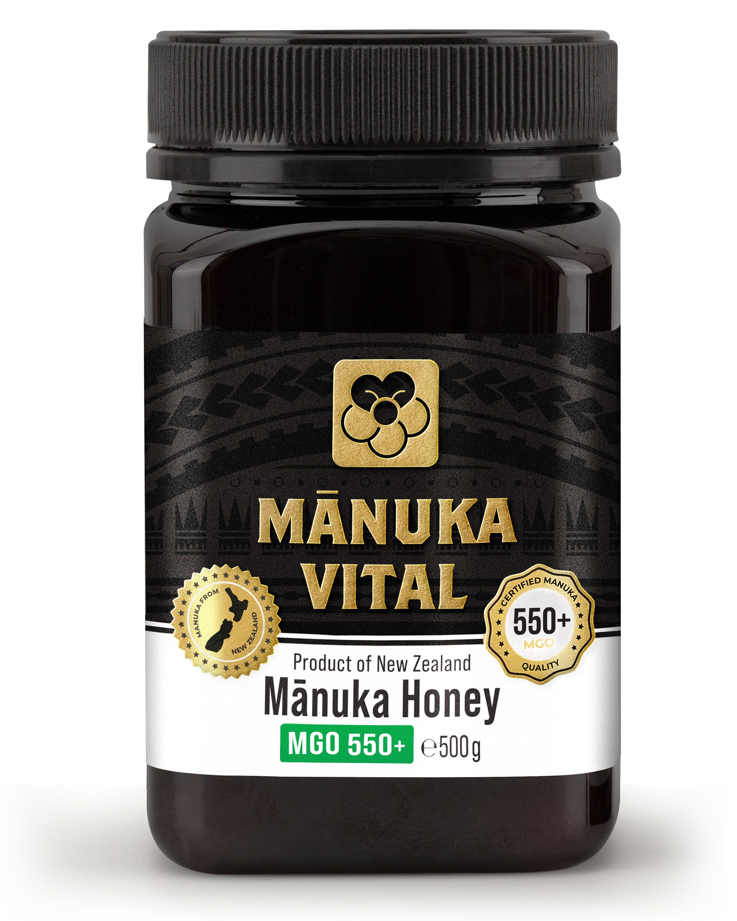 Schwarzes Honigglas mit Etikett. Text: MÄNUKA VITAL, MGO 550+, Manuka Honig, Produkt aus Neuseeland.