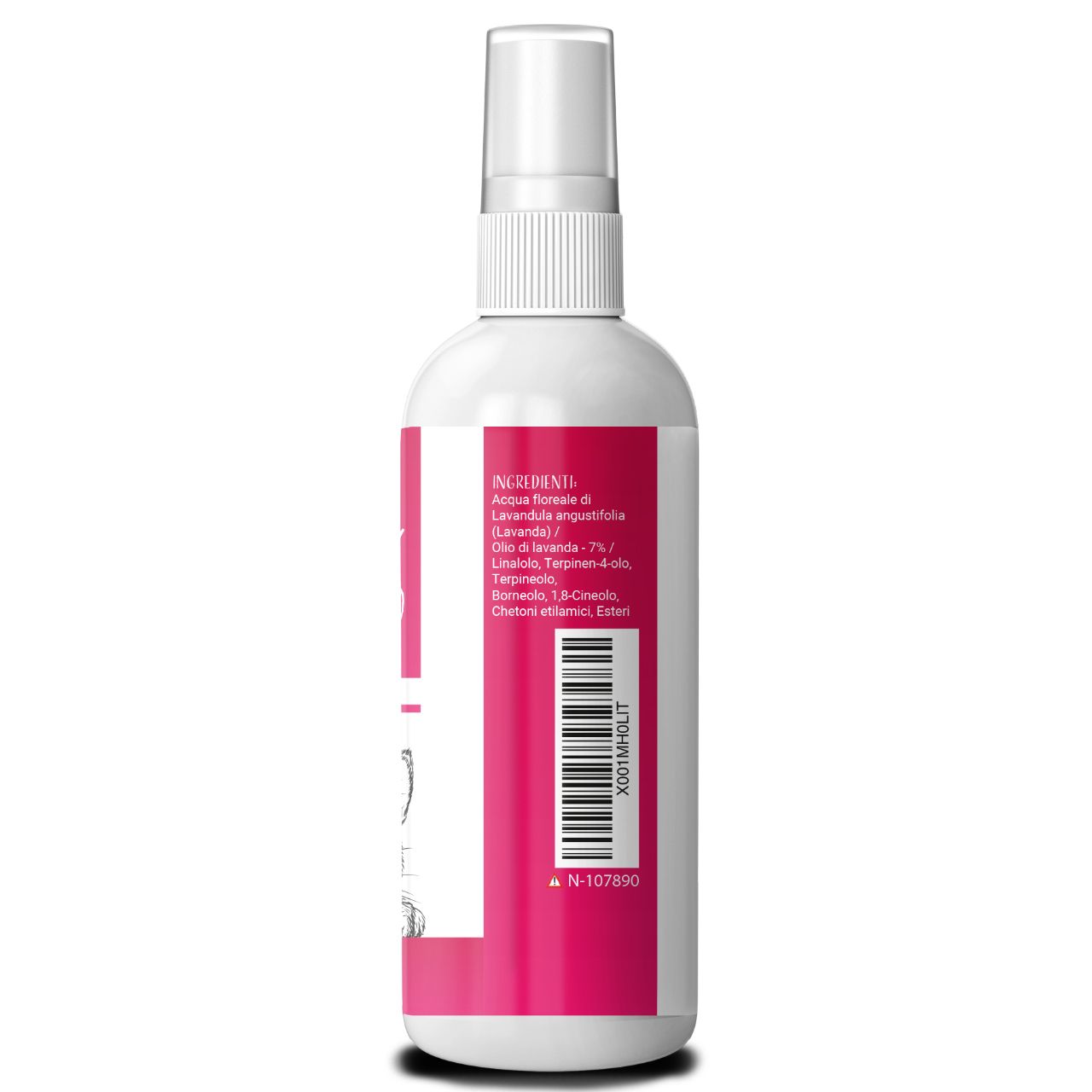Retro di un flacone spray bianco con etichetta rosa. Testo: Ingredienti, numero di lotto, da consumare preferibilmente entro.