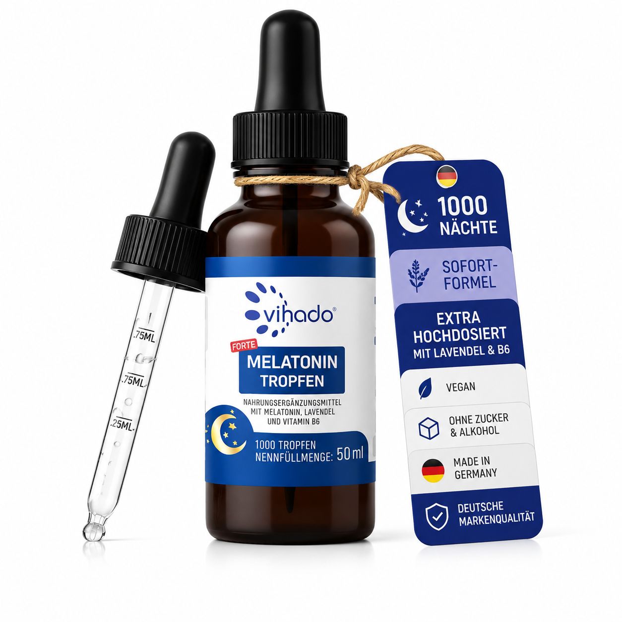 Vihado Melatonin Tropfen Flasche mit Pipette und Anhänger mit Produktinformationen.