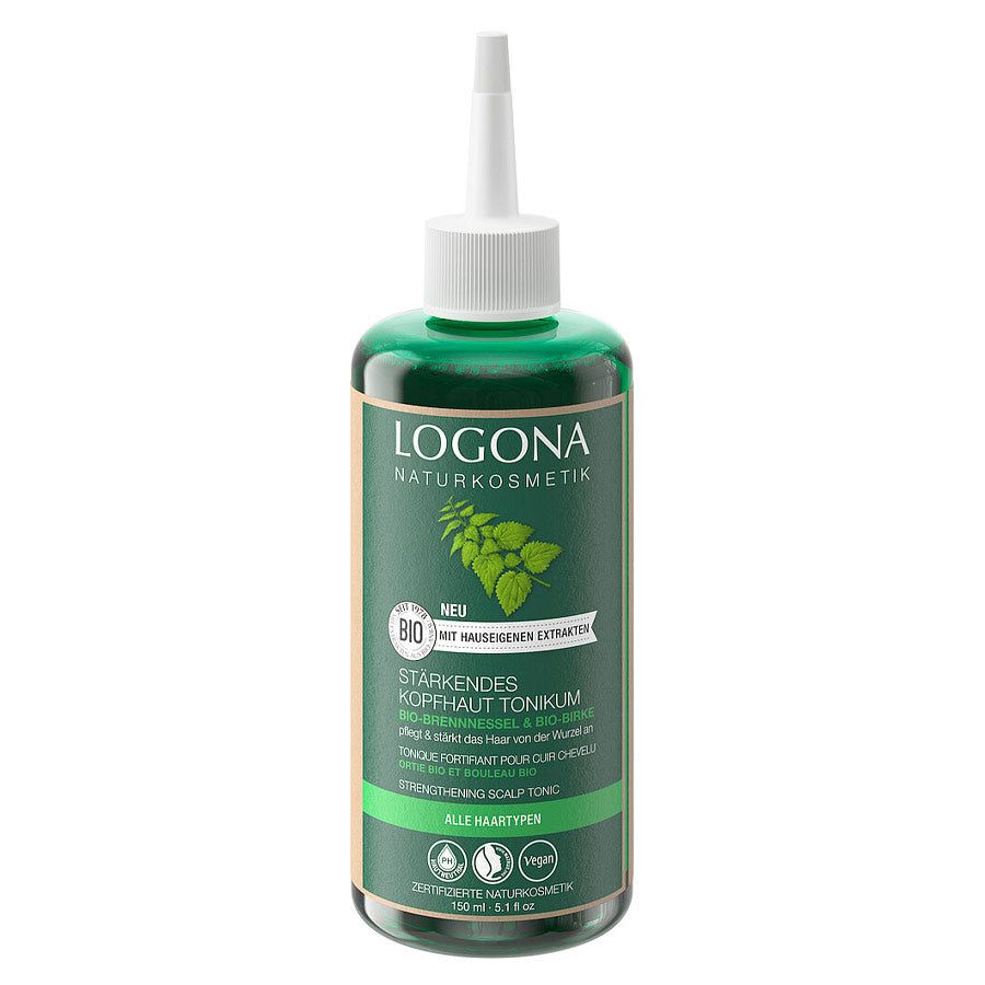 Grüne Flasche mit weißem Applikator. Aufschrift: Logona Naturkosmetik, Stärkendes Kopfhaut Tonikum. Bio-Zertifizierung.