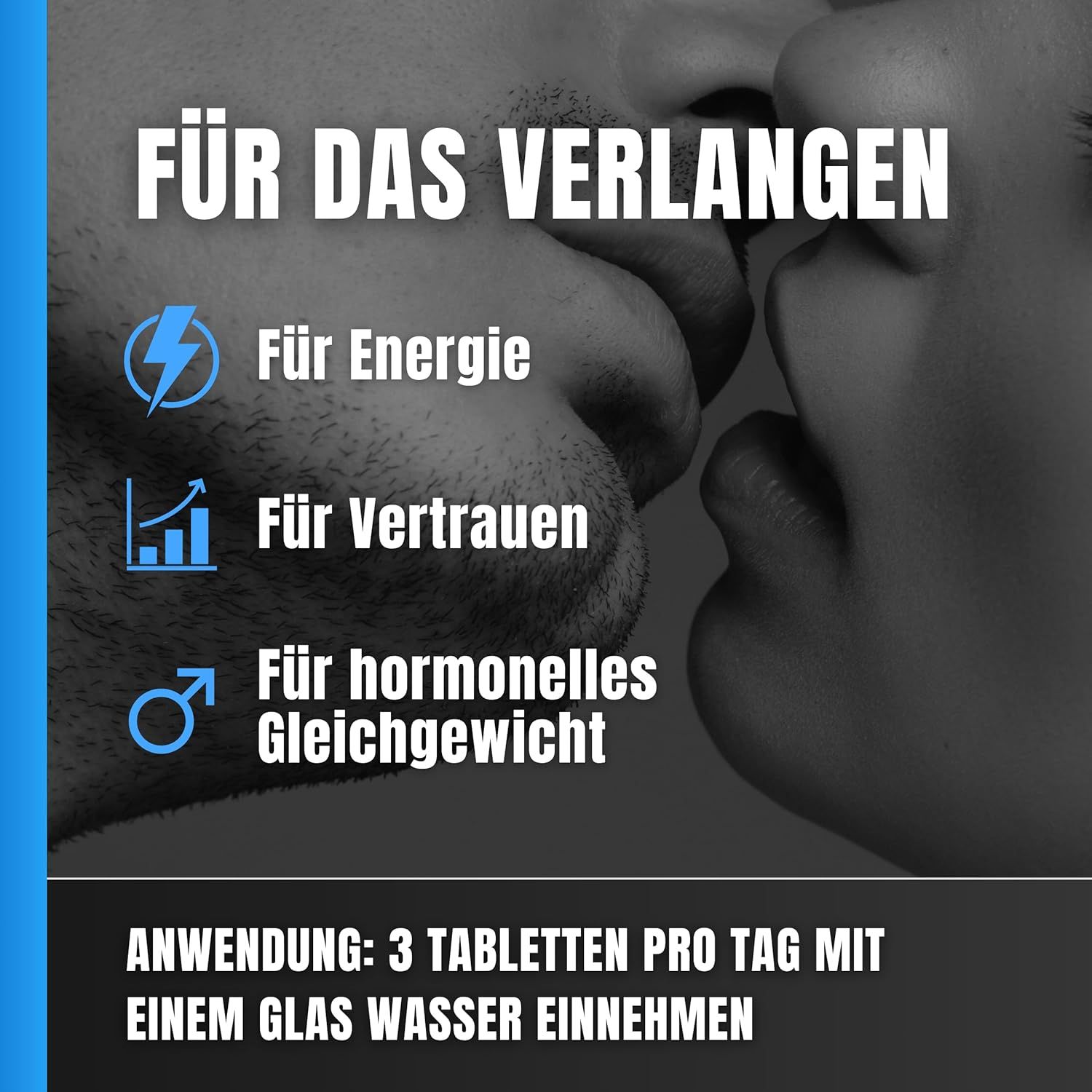 Nahaufnahme von Lippen. Text: Für Energie, Vertrauen, hormonelles Gleichgewicht. Einnahme: 3 Tabletten täglich.