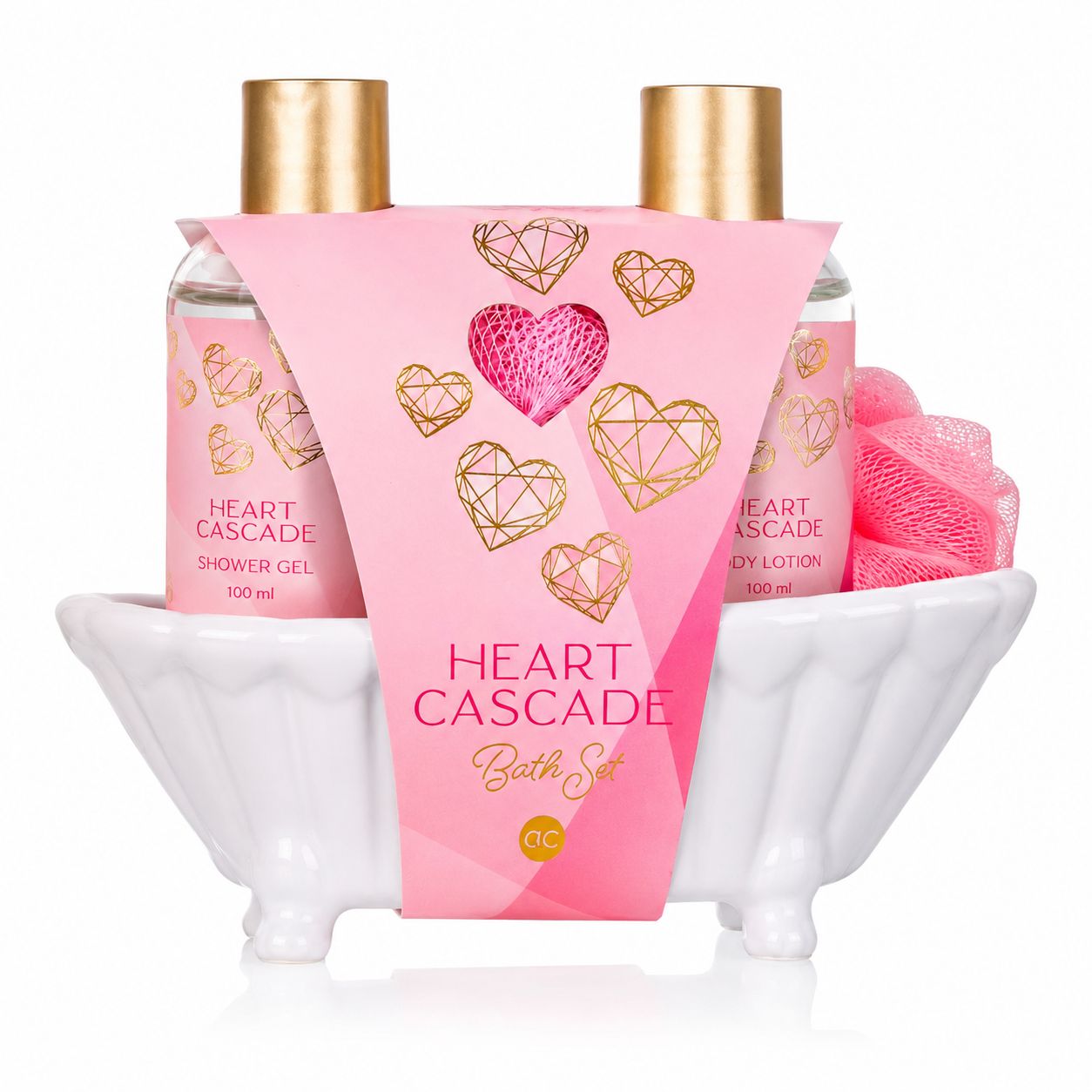 Accentra Heart Cascade Geschenkset in einer weißen Badewanne mit Duschgel und Bodylotion.