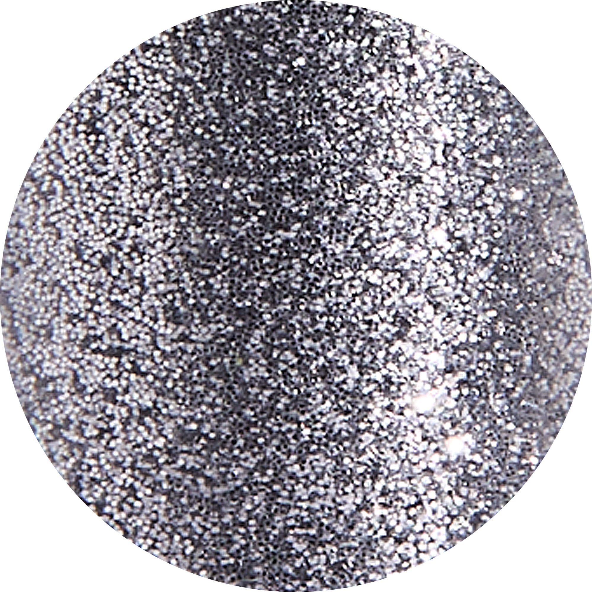 Glitter argentati rotondi. Vista completa. Particelle di glitter di diverse dimensioni. Nessun imballaggio o applicatore visibile.