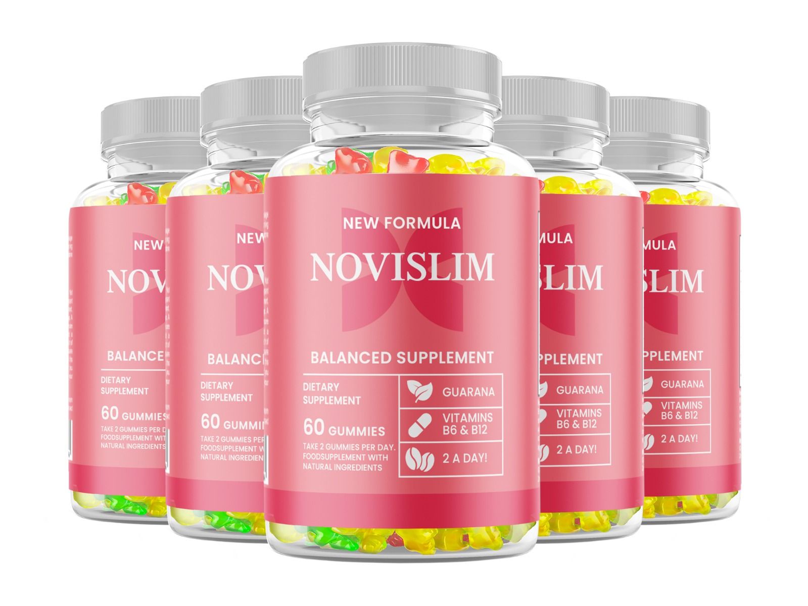 Fünf Flaschen mit rosa Etikett. Aufschrift: NOVILSLIM, 60 Gummibärchen. Enthält Guarana, Vitamin B6 & B12. Deckel weiß.