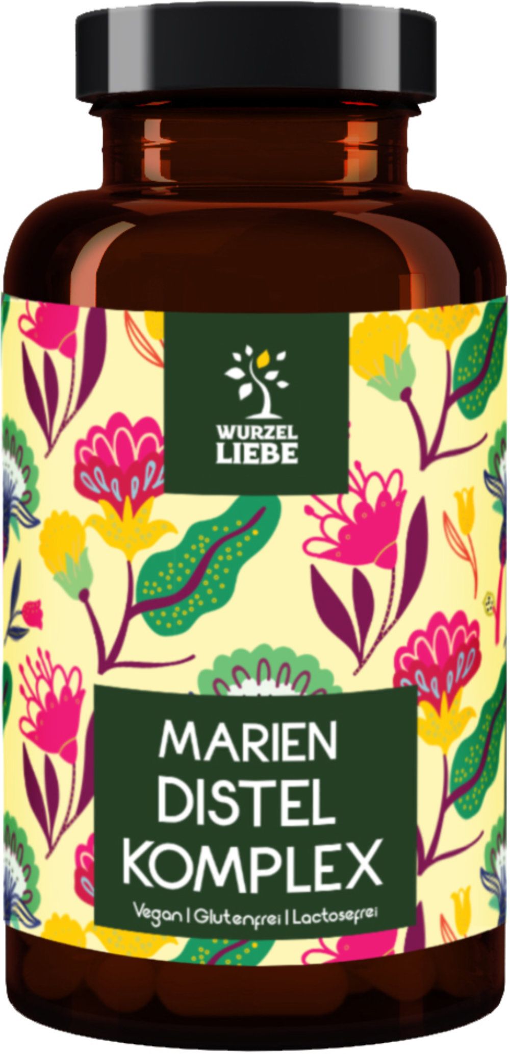 Braune Flasche mit floralem Etikett. Text: Mariendistel Komplex. Vegan, glutenfrei, laktosefrei.
