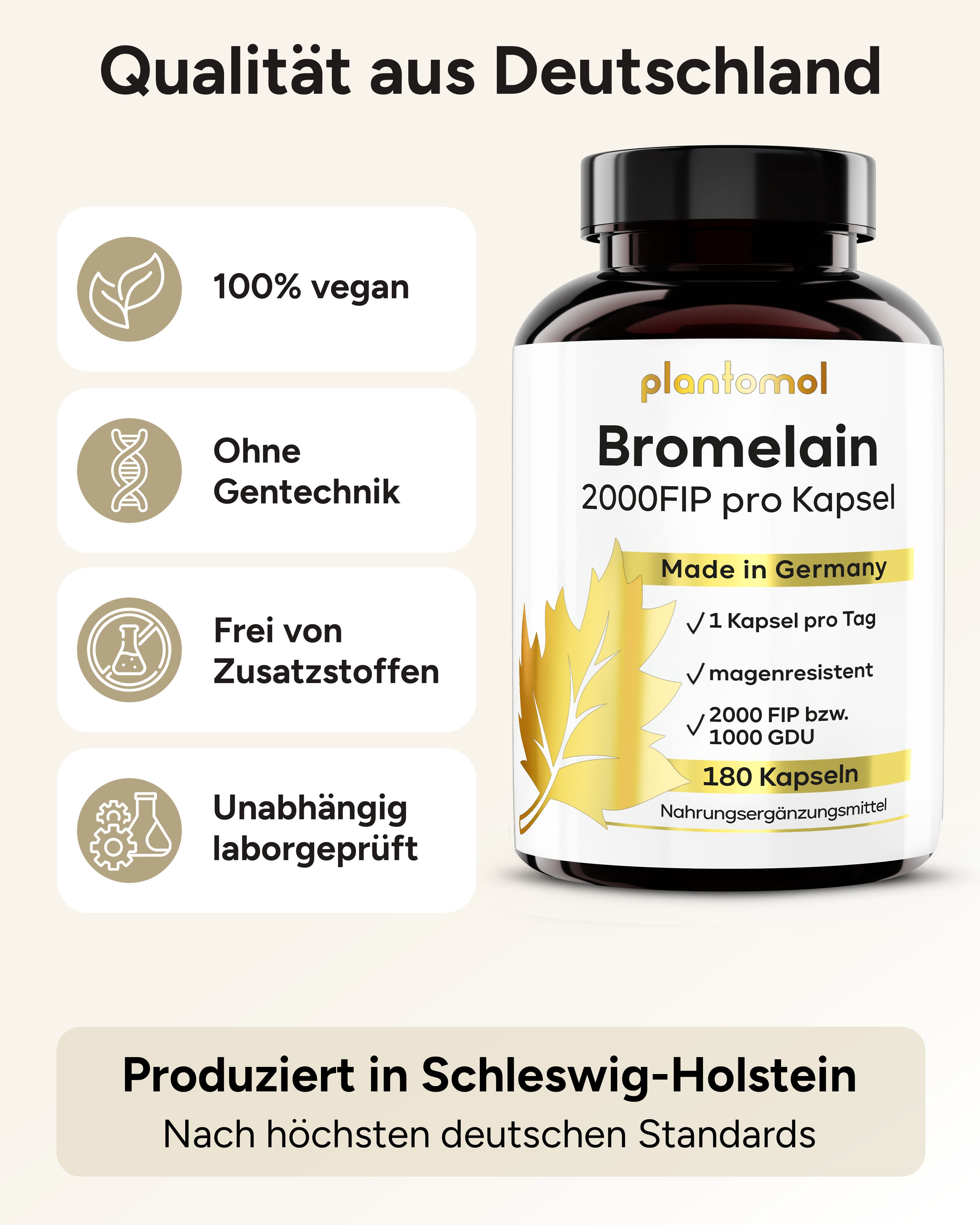 Produktflasche plantomol Bromelain. 100% vegan, ohne Gentechnik, ohne Zusatzstoffe. Laborgeprüft. Made in Germany.