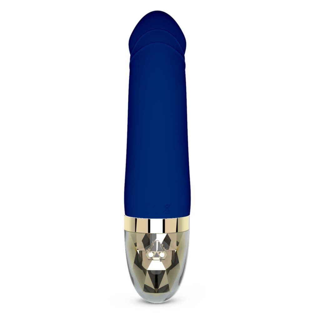 Blauer Vibrator mit goldfarbenem Unterteil. Marke: Mystim. Form: zylindrisch.
