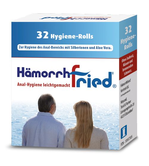 Verpackung von Hämorrhfried Hygiene-Rolls. Enthält 32 Rollen. Aufschrift: Anal-Hygiene leichtgemacht. Mit Silberionen und Aloe Vera.
