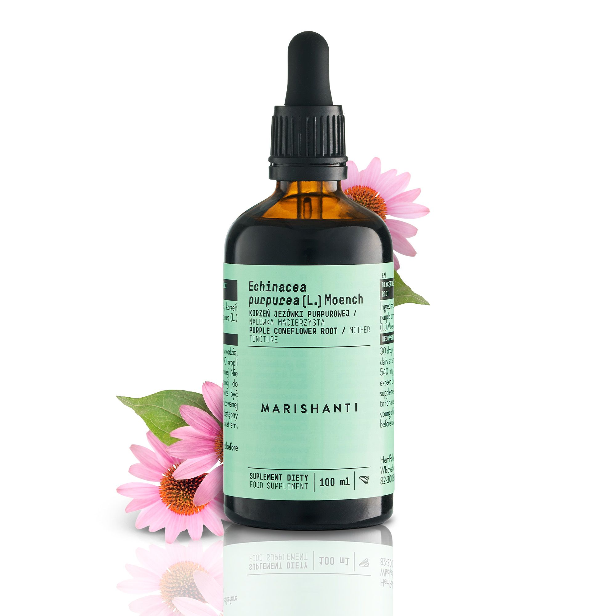 Braune Glasflasche mit Tropfer und Echinacea-Blüten. Aufschrift: Marishanti Echinacea Extrakt.