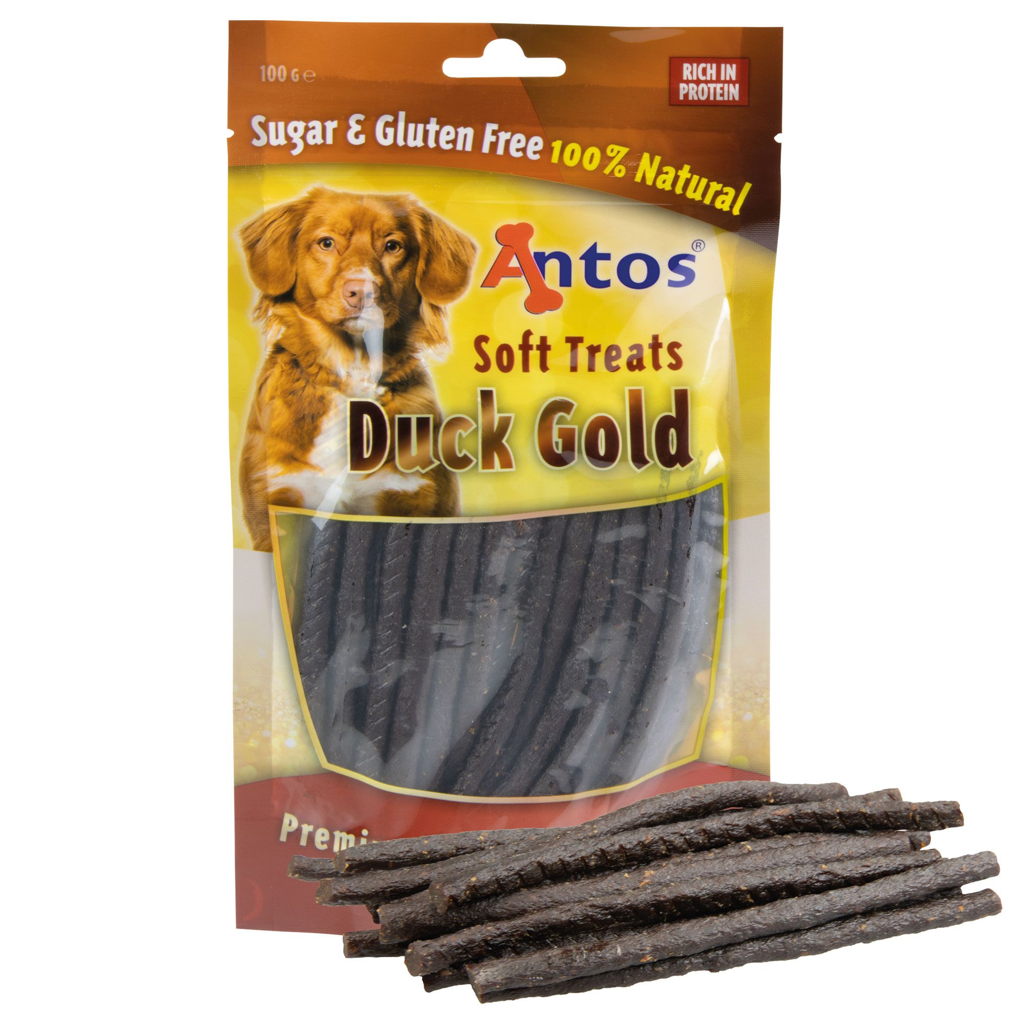 Beutel Hundesnacks mit Inhalt und einigen Stäbchen daneben. Aufdruck: Antos Duck Gold, zucker- und glutenfrei, 100% natürlich, reich an Protein.