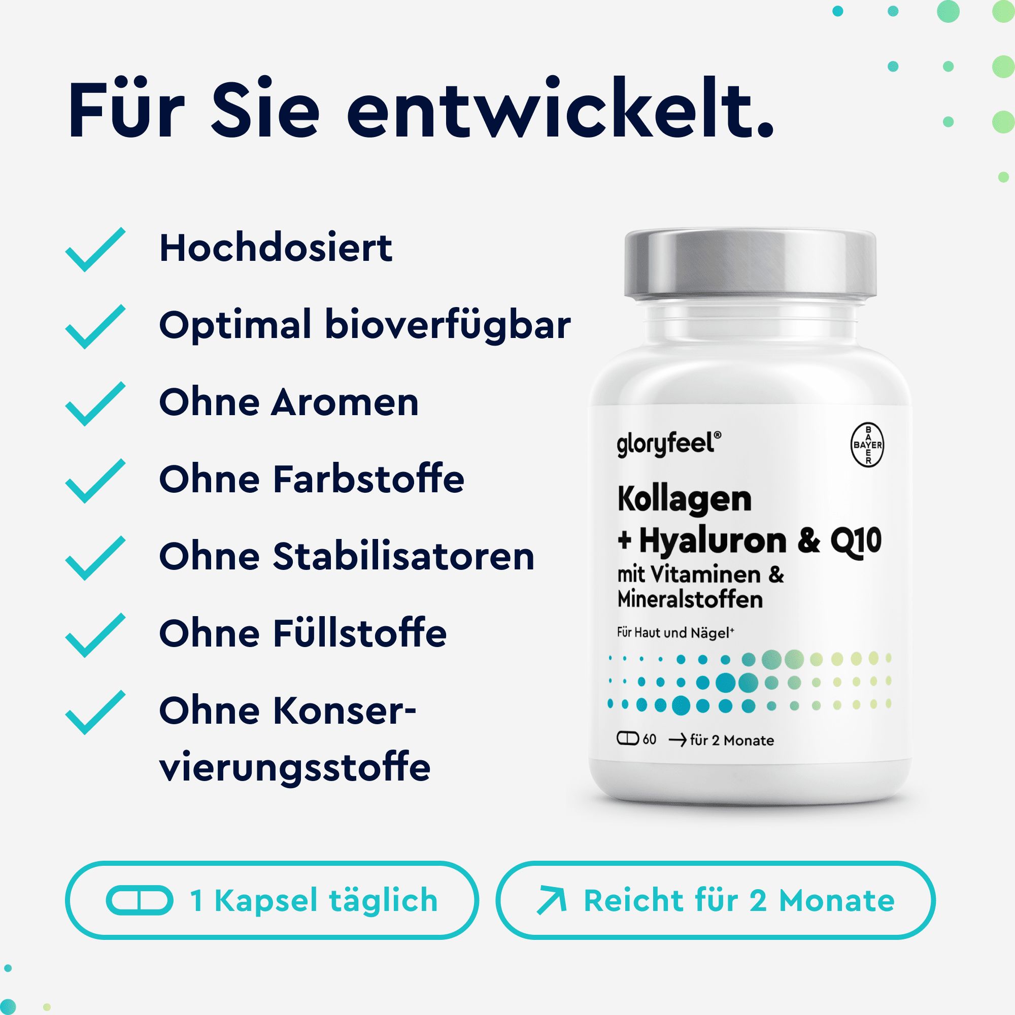 gloryfeel ® Kollagen + Coenzym Q10 + Hyaluronsäure - Zink, Magnesium, Vit B12, D3, A & C  60 Kapseln