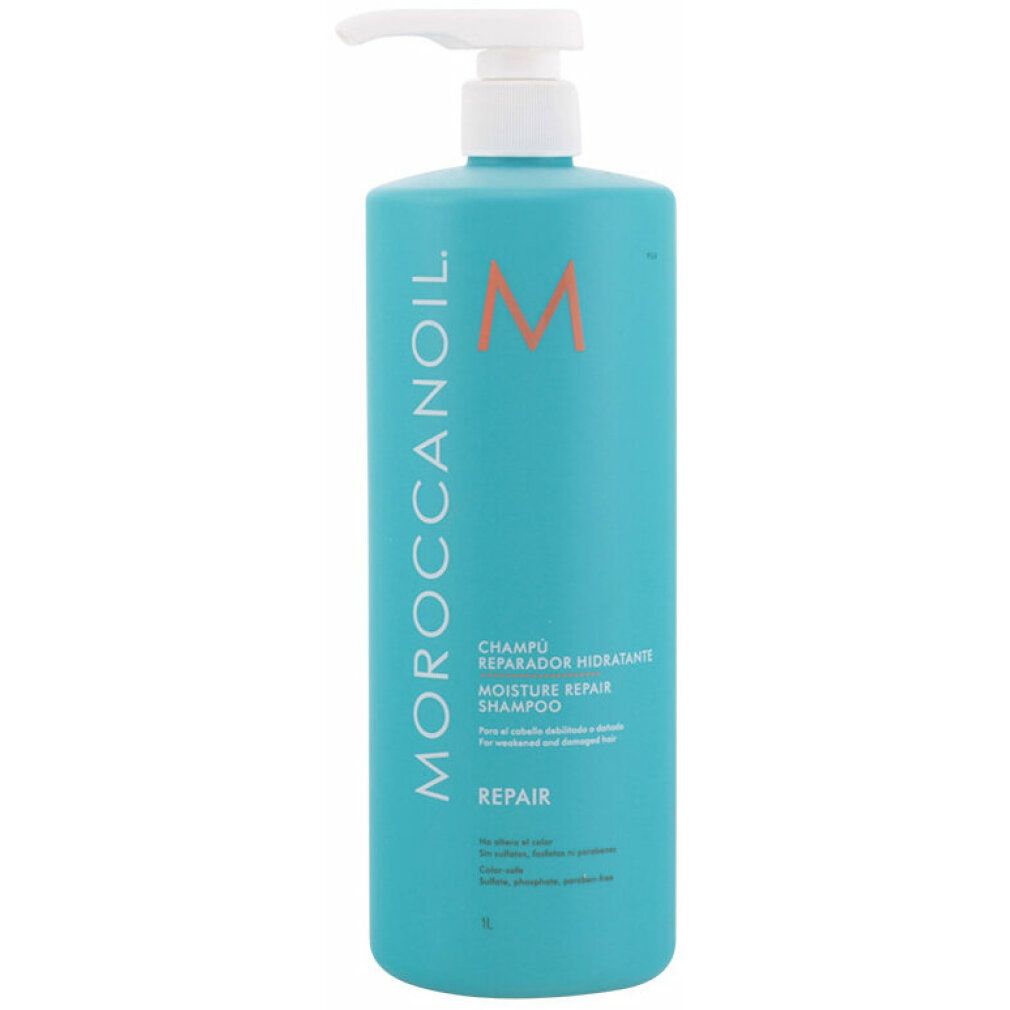 Türkisfarbene Shampoo-Flasche mit weißem Pumpkopf. Aufschrift: Moroccanoil, Moisture Repair Shampoo, Repair. Orangefarbenes Logo.
