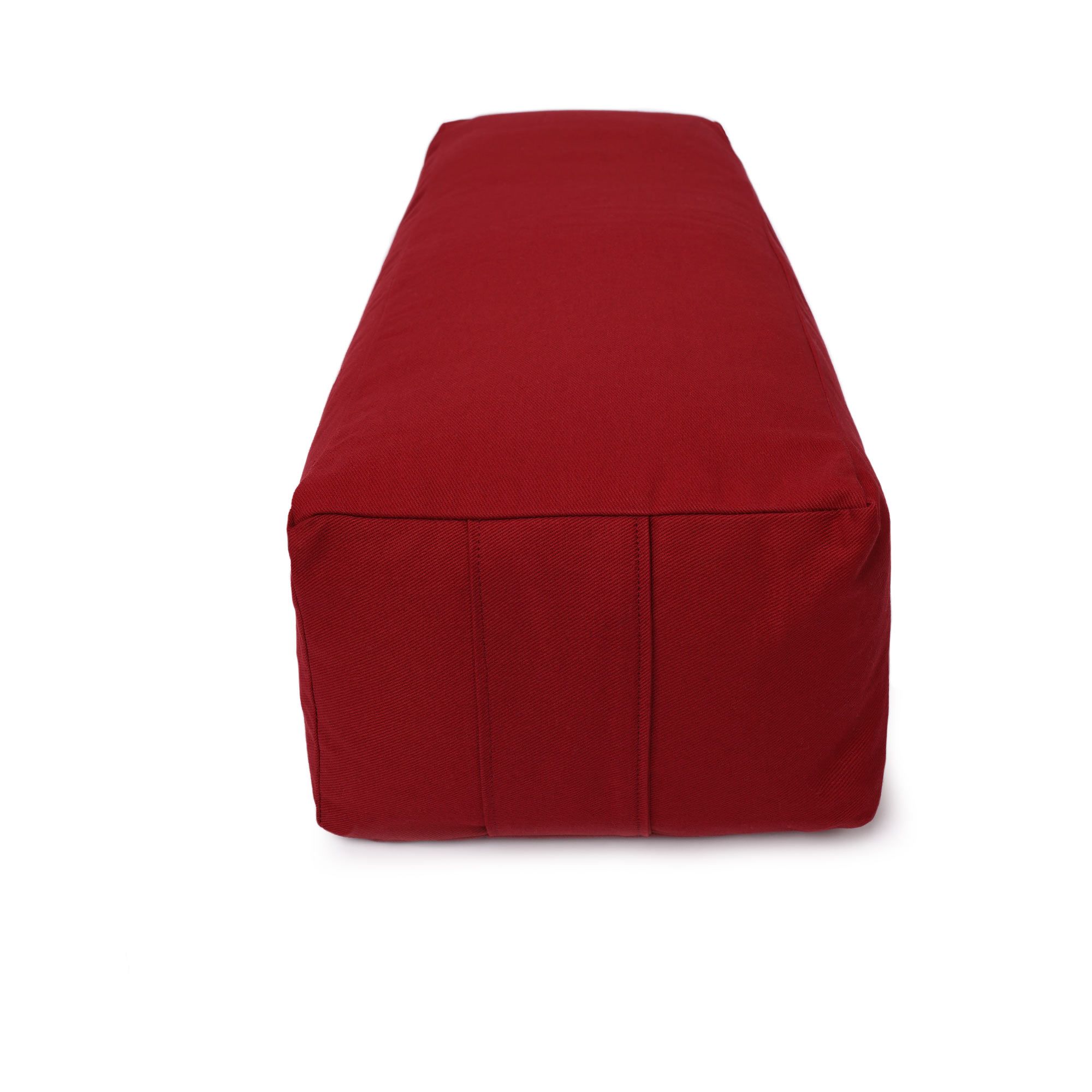 Bordeauxrotes rechteckiges Yoga-Bolster, Vorderansicht mit Nähten.